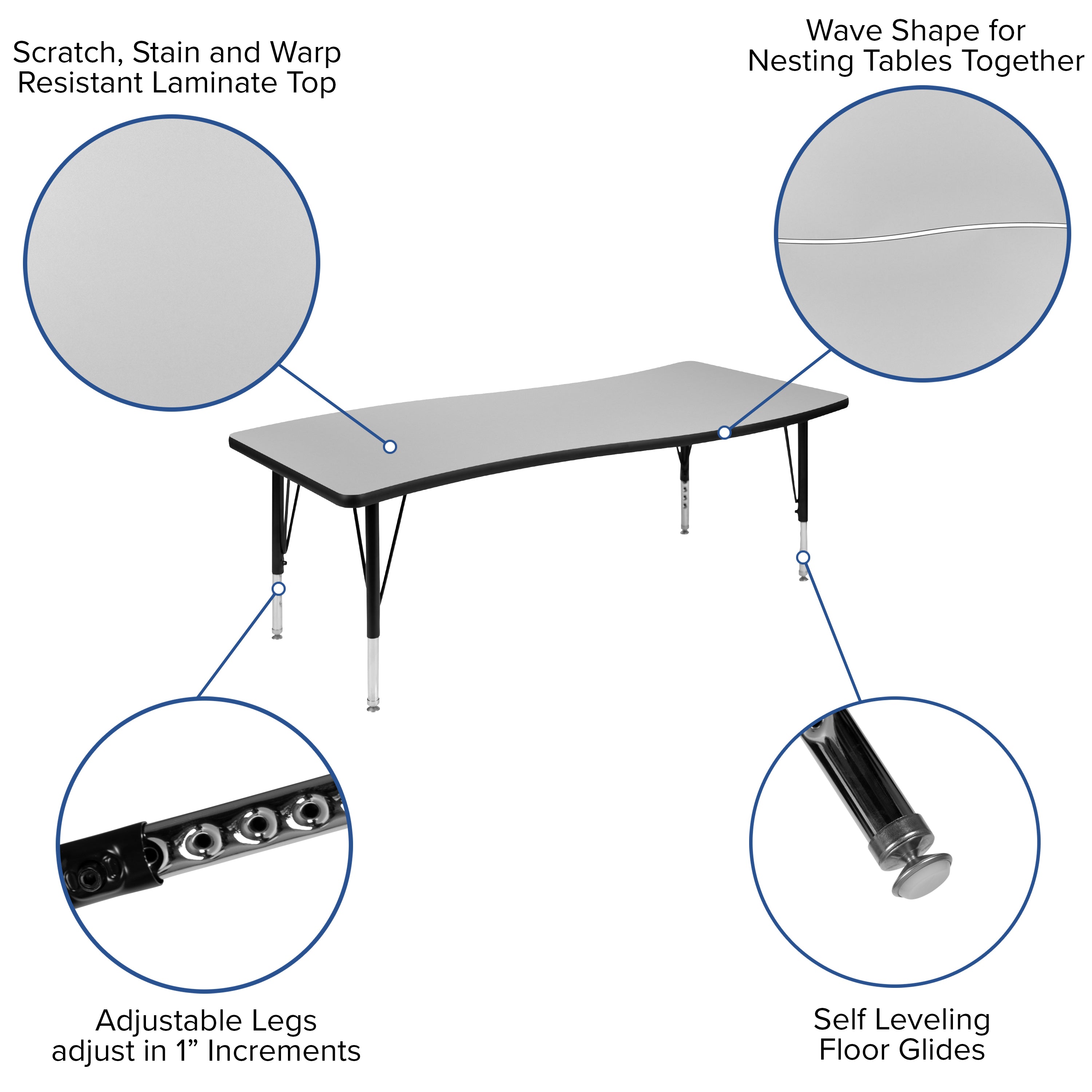 Wren 26"W x 60"L Rectangular Wave Flexible Collaborative Grey Thermal Laminate Activity Table - Height Adjustable Short Legs