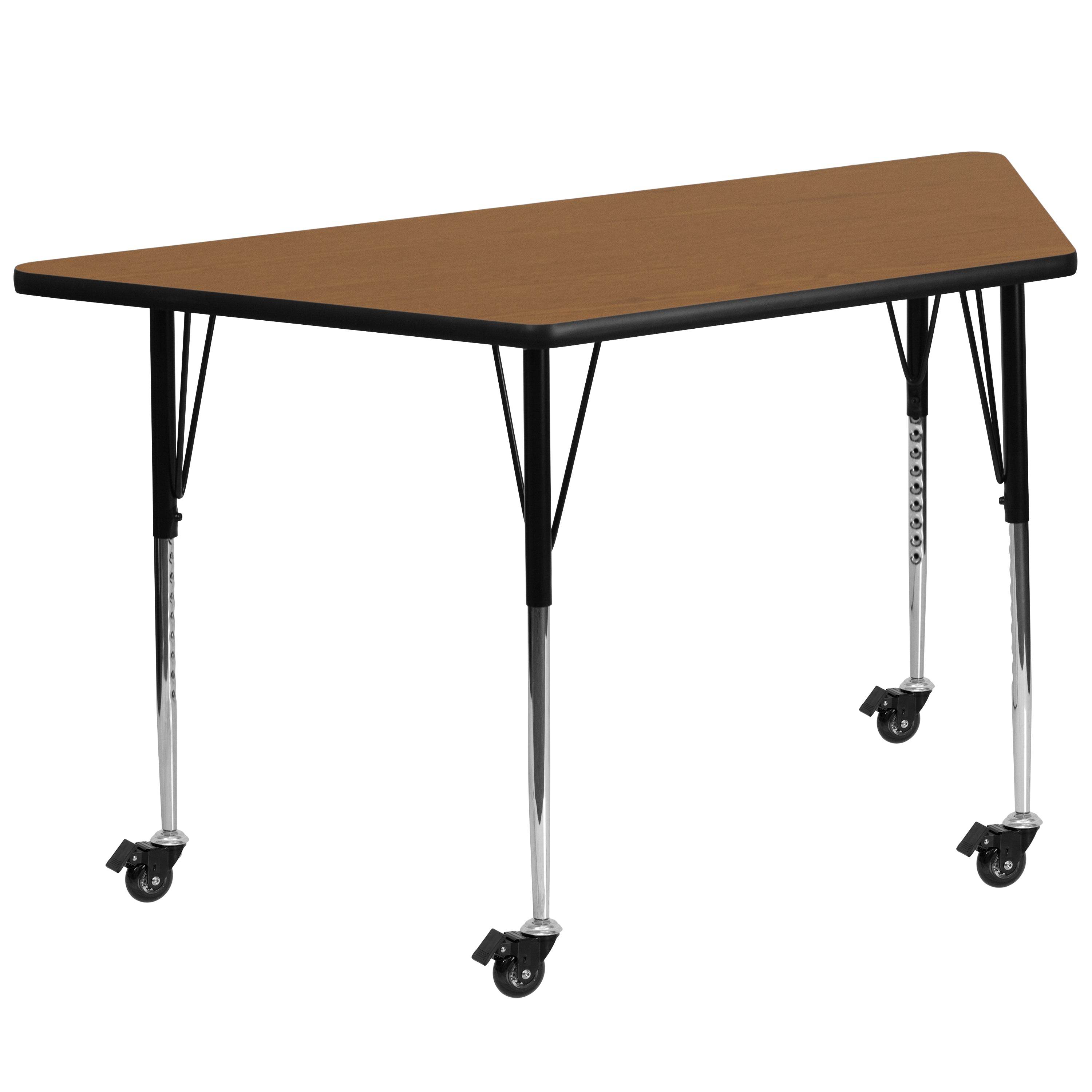 Wren Mobile 29''W x 57''L Trapezoid Oak Thermal Laminate Activity Table - Standard Height Adjustable Legs