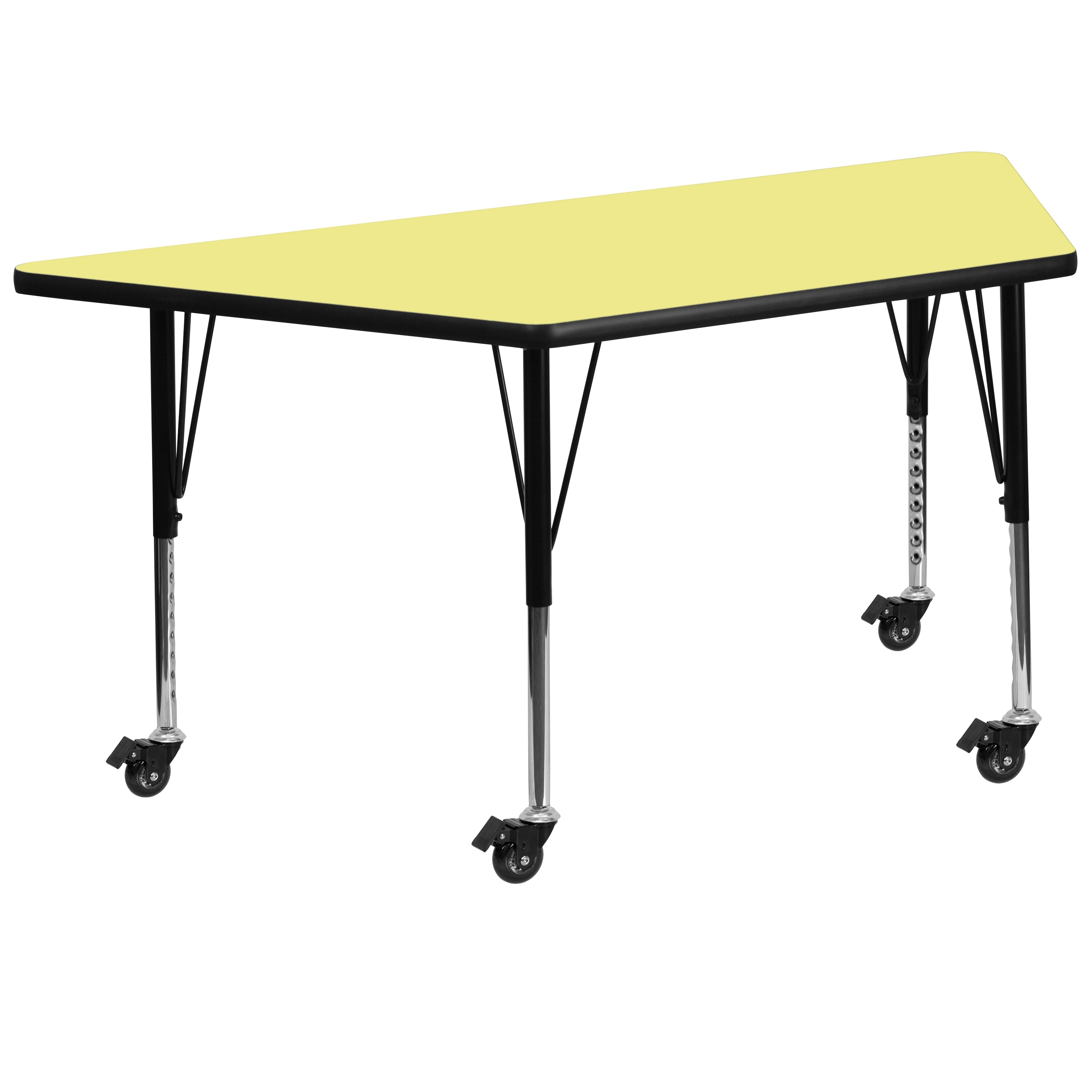 Wren Mobile 29''W x 57''L Trapezoid Yellow Thermal Laminate Activity Table - Height Adjustable Short Legs