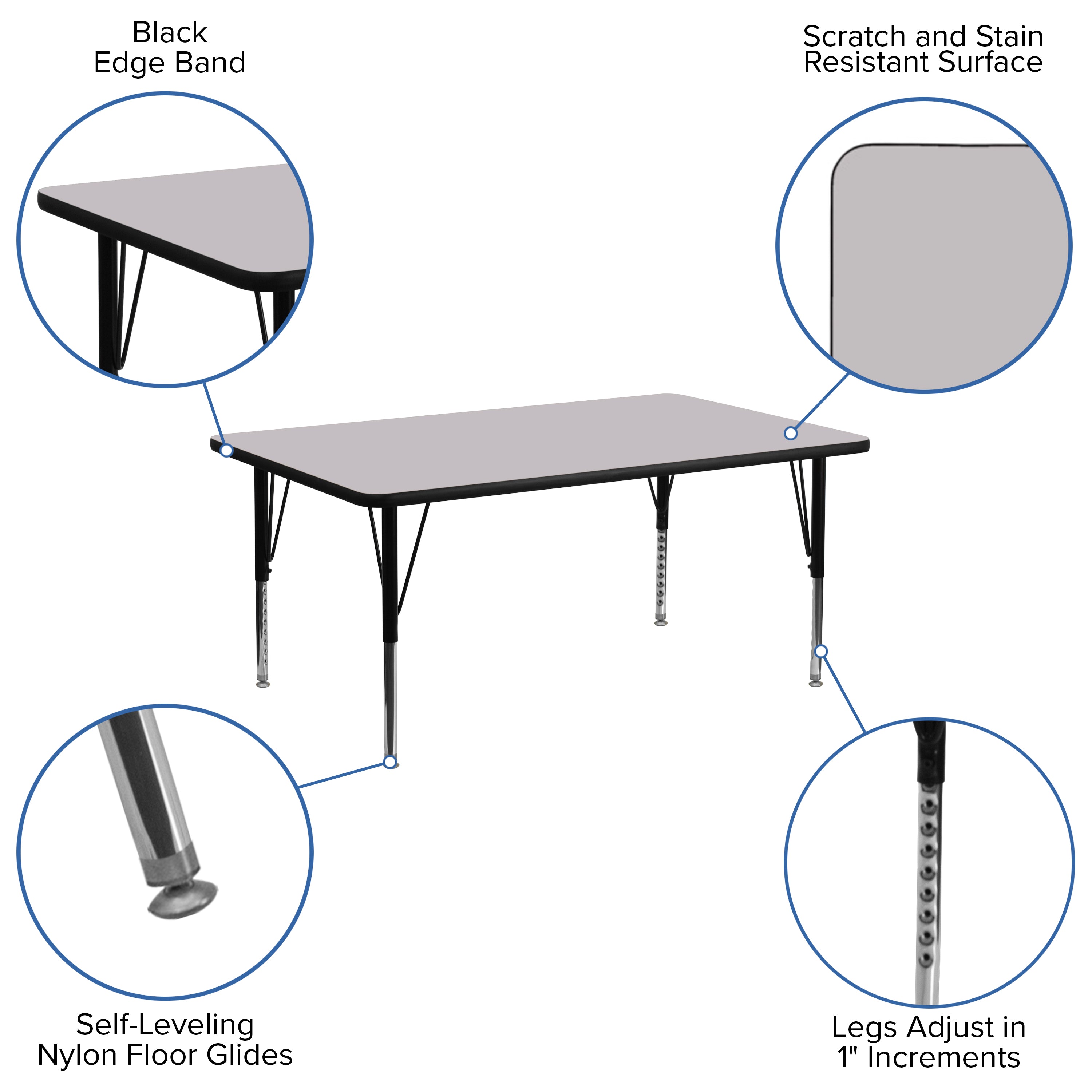Wren 30''W x 72''L Rectangular Grey Thermal Laminate Activity Table - Height Adjustable Short Legs