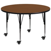 Wren Mobile 42'' Round Oak HP Laminate Activity Table - Height Adjustable Short Legs
