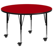 Wren Mobile 42'' Round Red Thermal Laminate Activity Table - Height Adjustable Short Legs