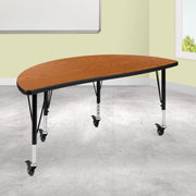 Wren Mobile 47.5" Half Circle Wave Flexible Collaborative Oak Thermal Laminate Activity Table - Height Adjust Short Legs