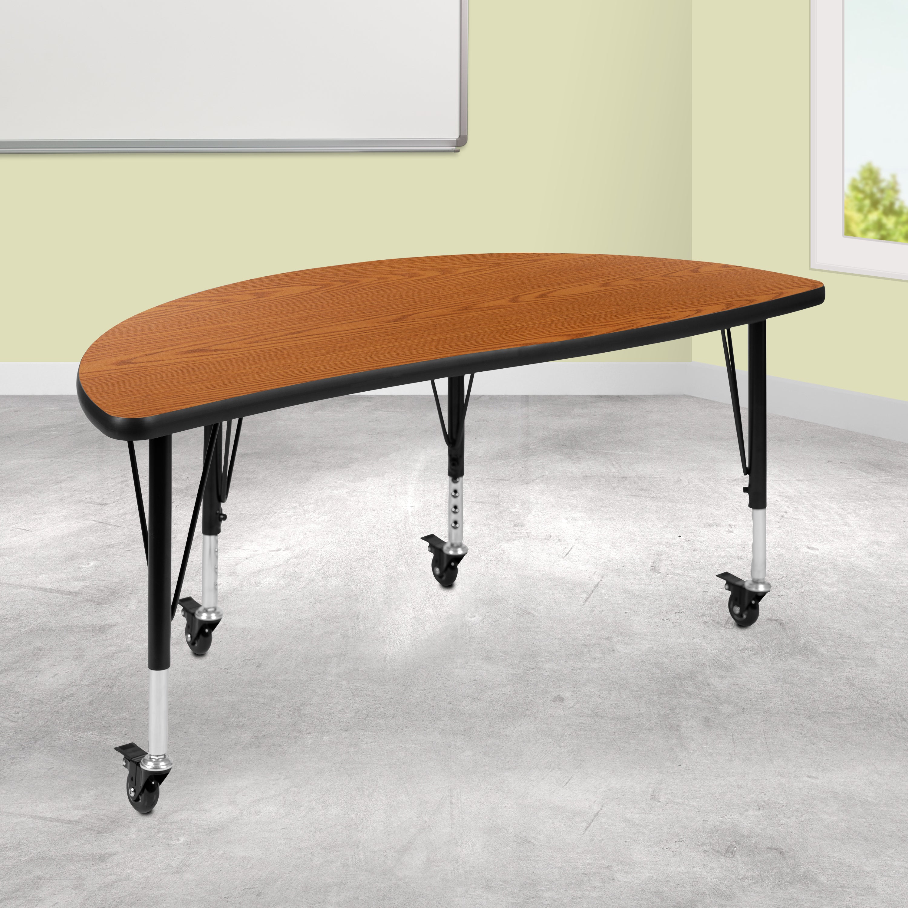 Wren Mobile 47.5" Half Circle Wave Flexible Collaborative Oak Thermal Laminate Activity Table - Height Adjust Short Legs