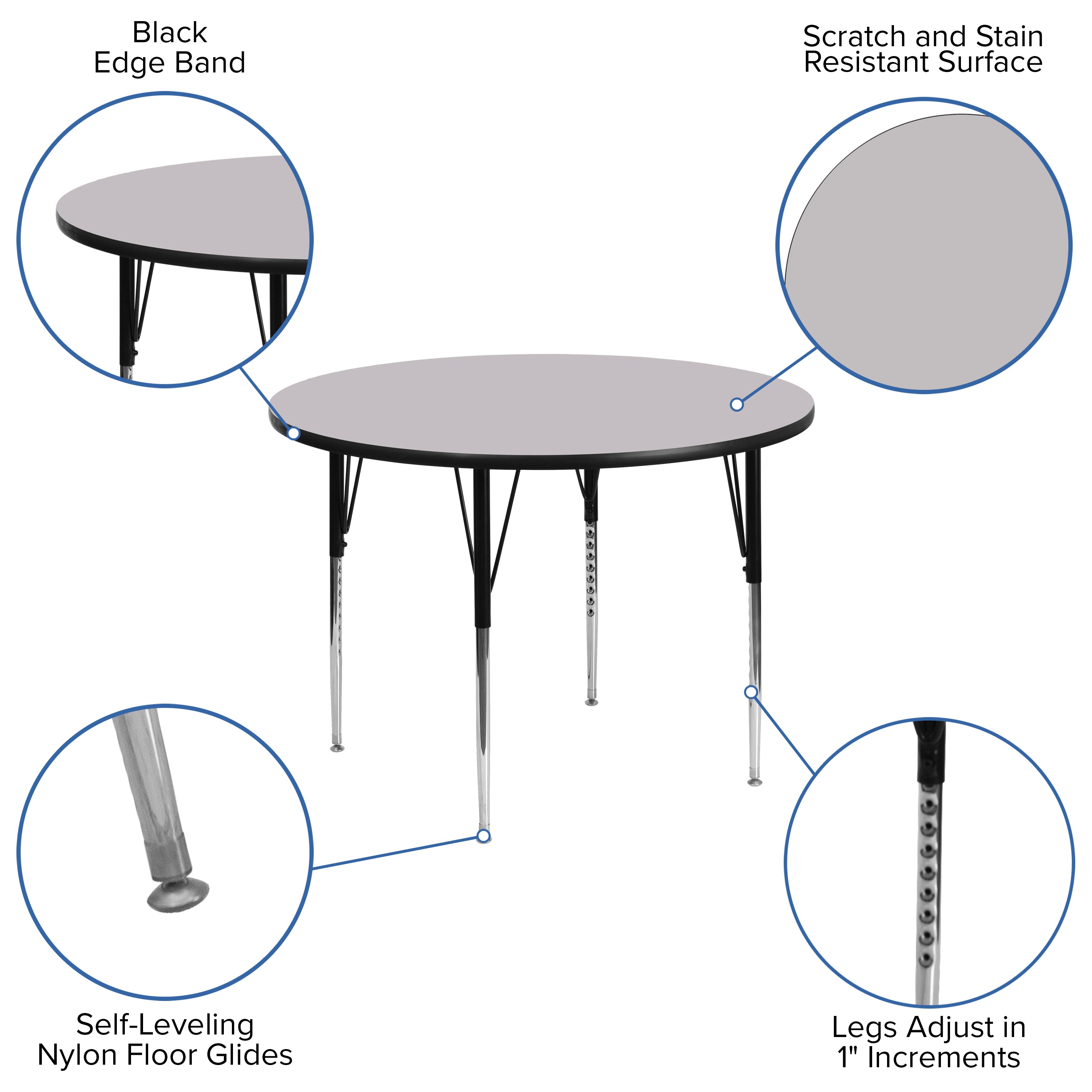 Wren 48'' Round Grey Thermal Laminate Activity Table - Standard Height Adjustable Legs