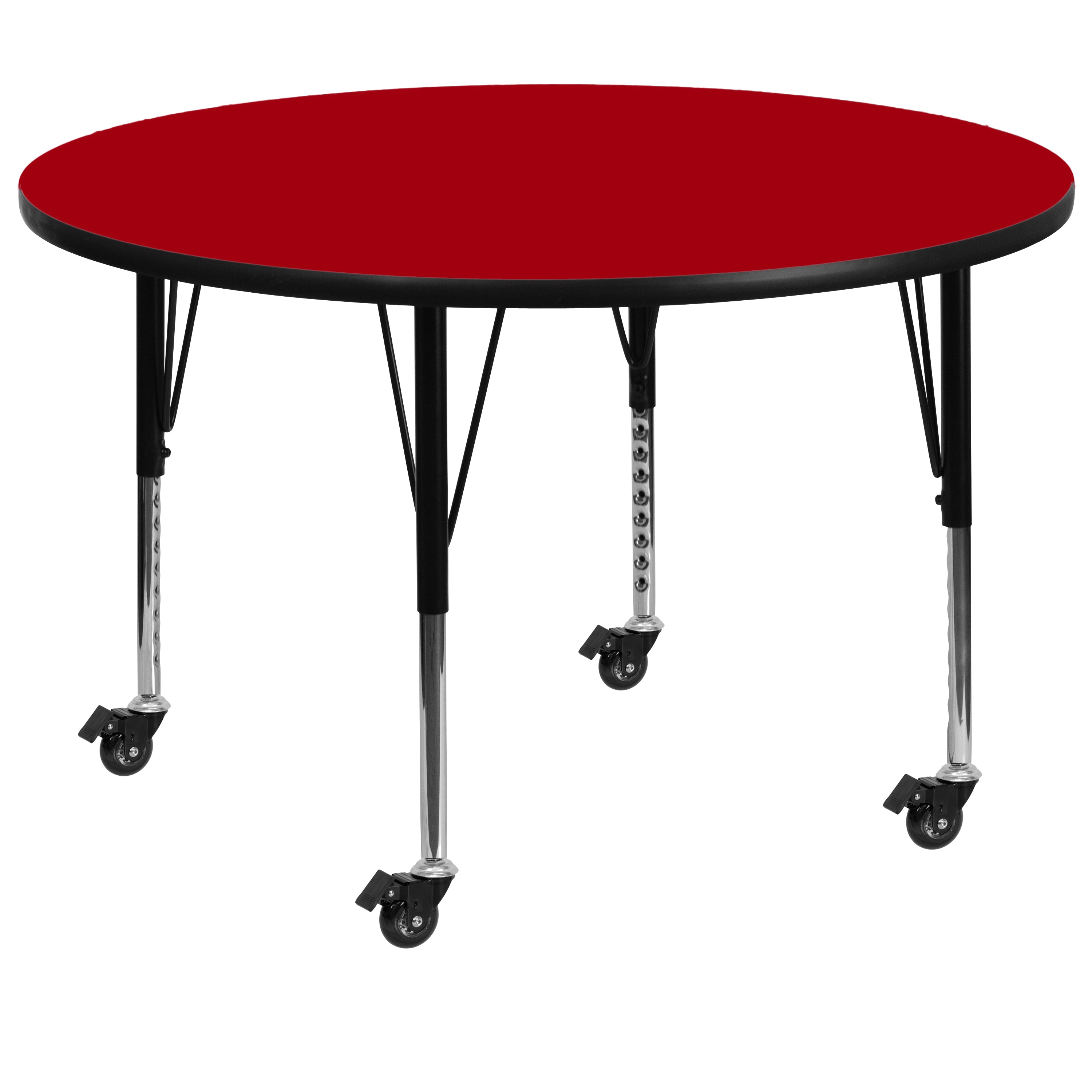 Wren Mobile 48'' Round Red Thermal Laminate Activity Table - Height Adjustable Short Legs