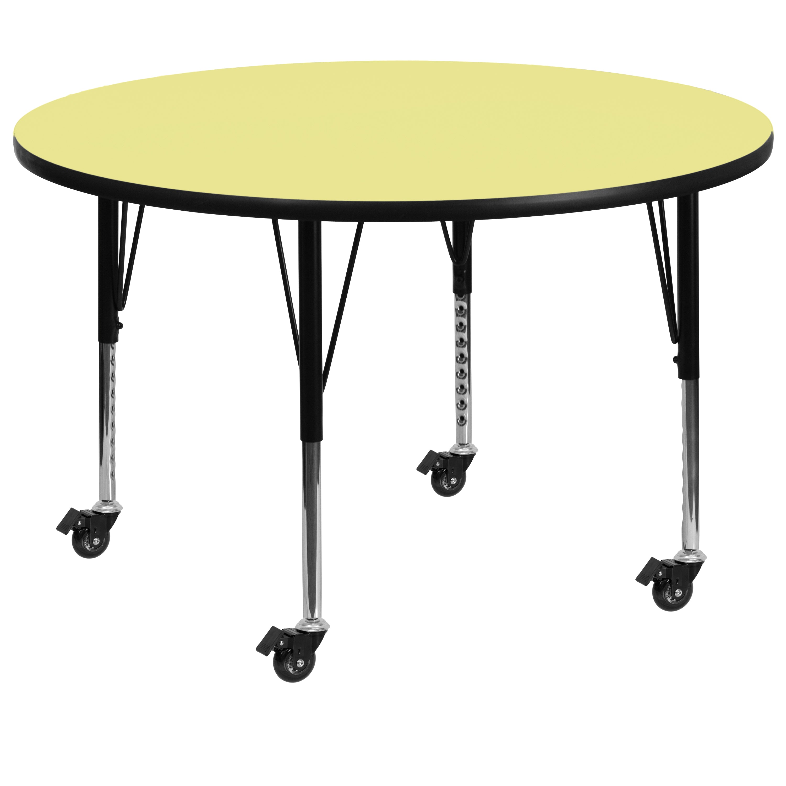 Wren Mobile 48'' Round Yellow Thermal Laminate Activity Table - Height Adjustable Short Legs
