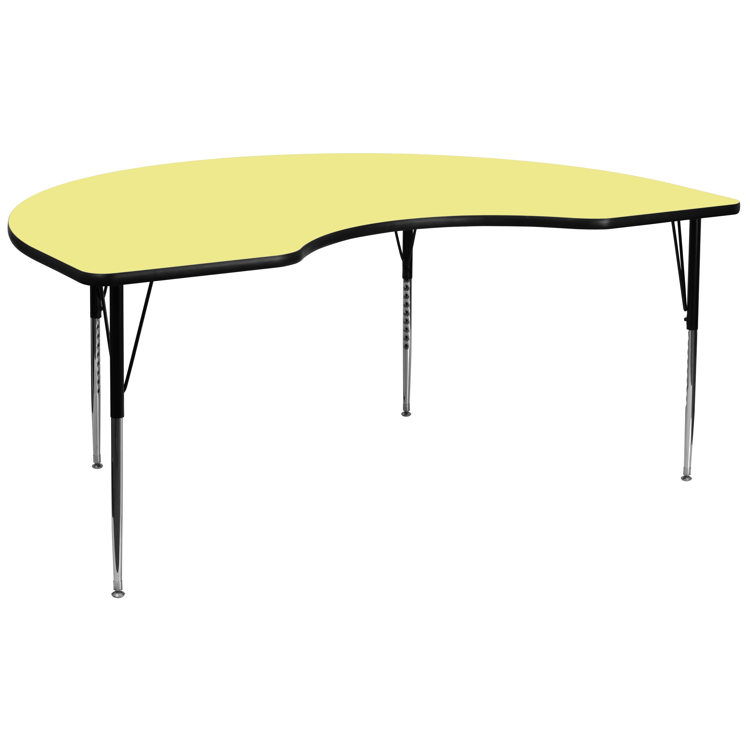 Wren 48''W x 96''L Kidney Yellow Thermal Laminate Activity Table - Standard Height Adjustable Legs