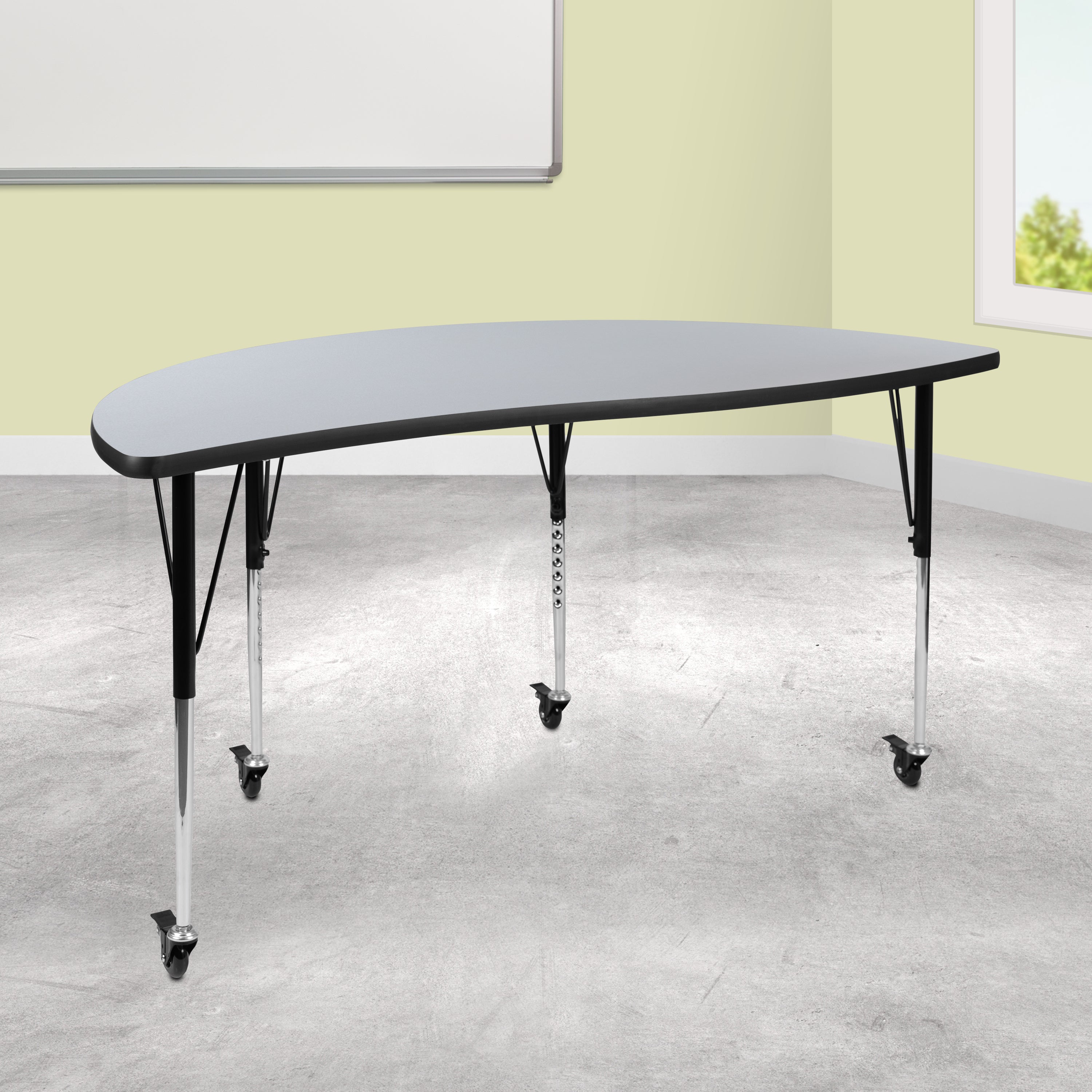 Wren Mobile 60" Half Circle Wave Flexible Collaborative Grey Thermal Laminate Activity Table-Standard Height Adjust Legs