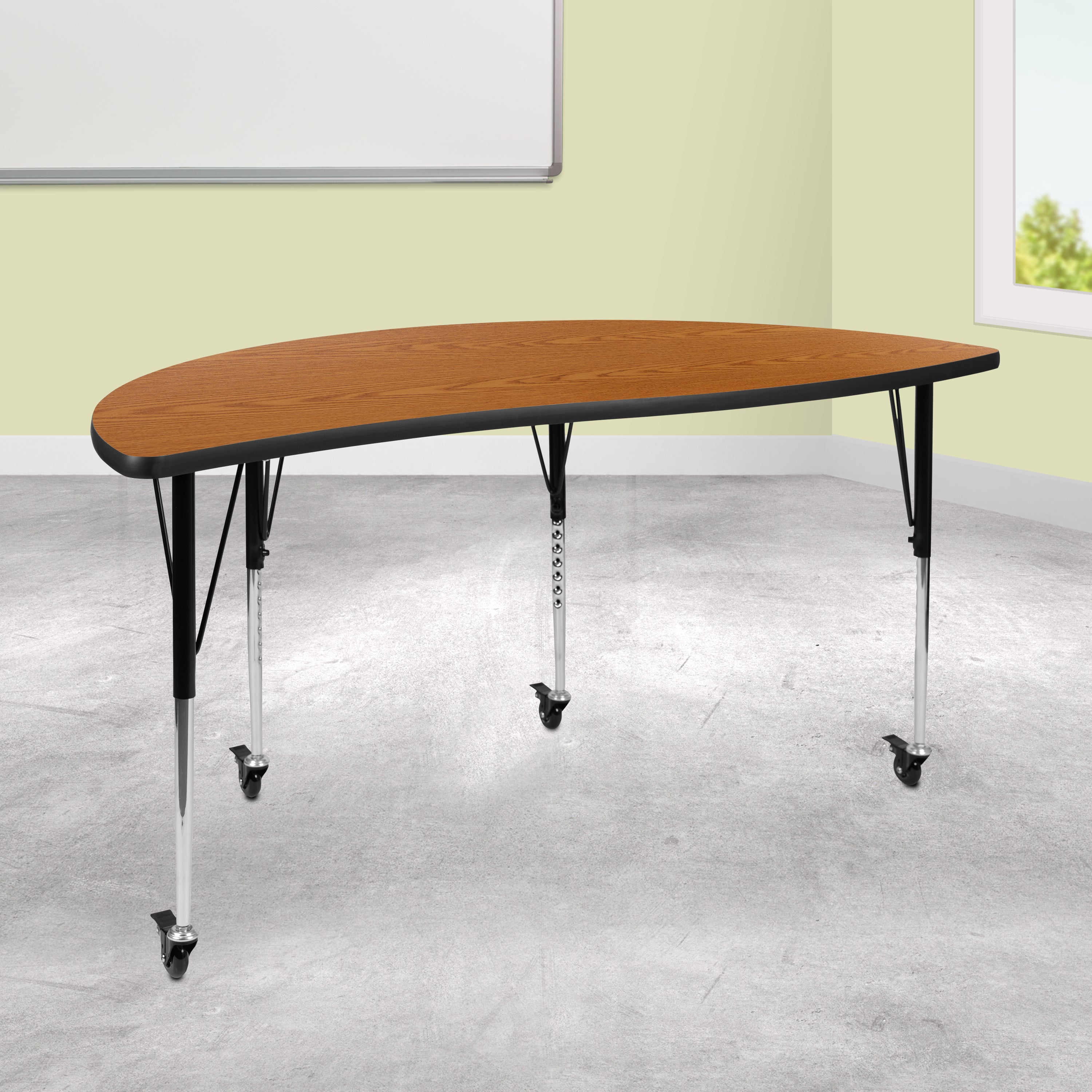 Wren Mobile 60" Half Circle Wave Flexible Collaborative Oak Thermal Laminate Activity Table-Standard Height Adjust Legs