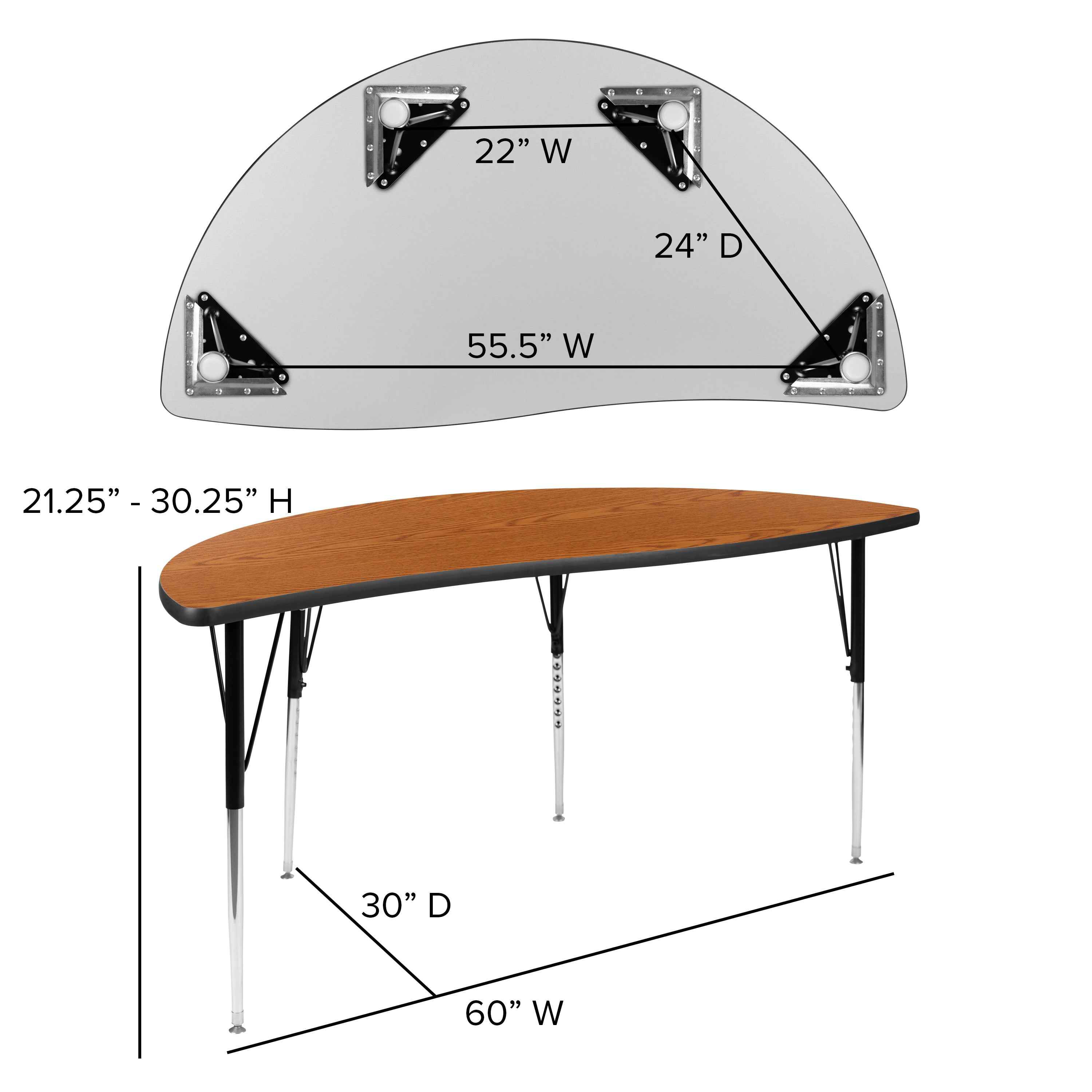 Wren 60" Half Circle Wave Flexible Collaborative Oak Thermal Laminate Activity Table - Standard Height Adjustable Legs