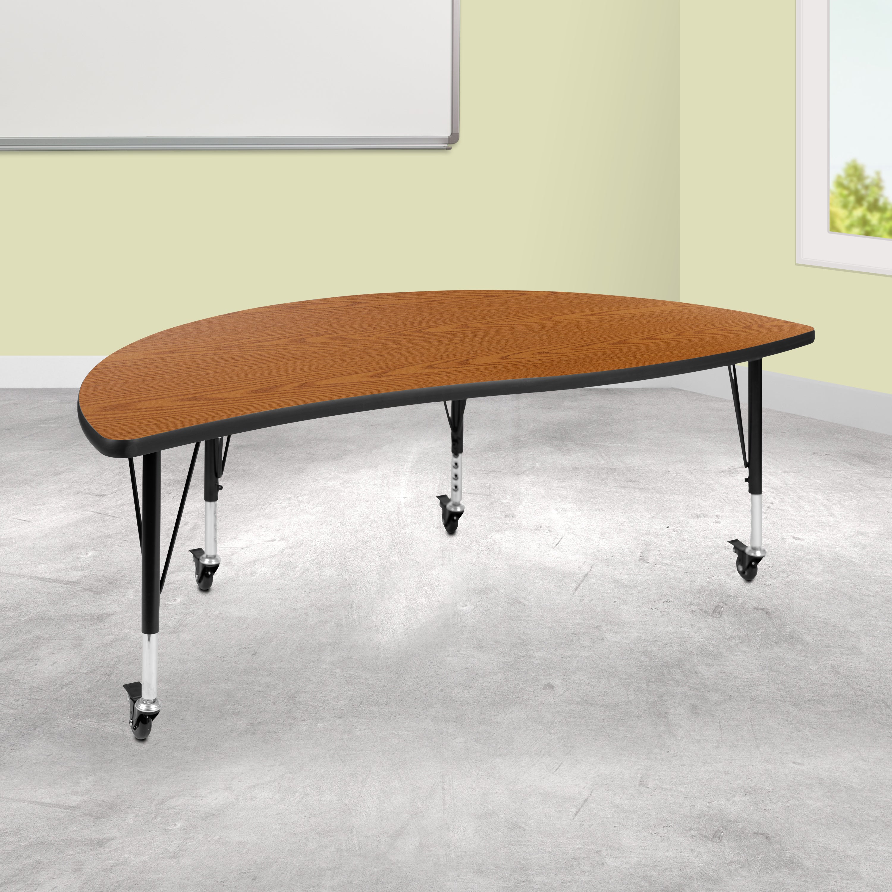Wren Mobile 60" Half Circle Wave Flexible Collaborative Oak Thermal Laminate Activity Table-Height Adjust Short Legs