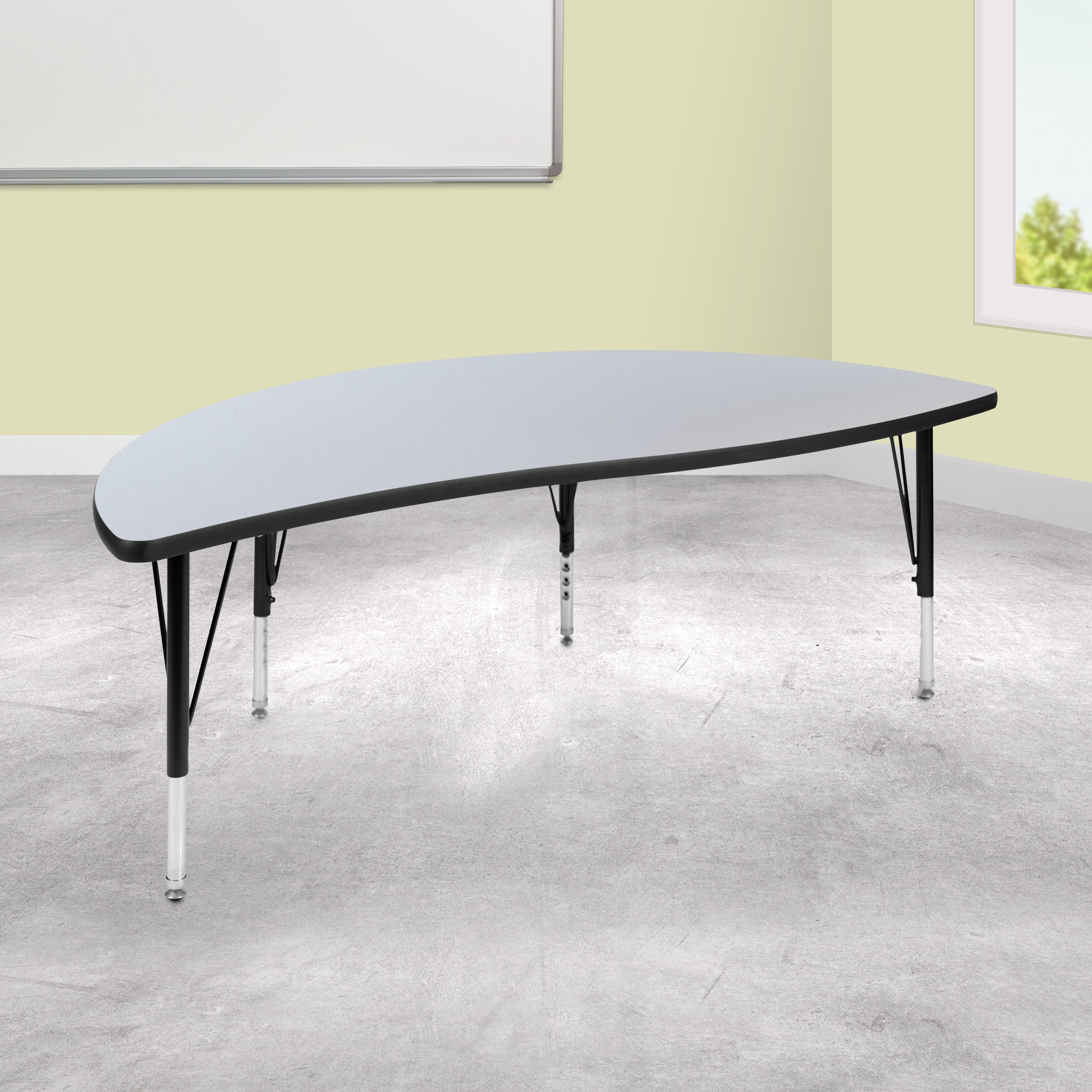 Wren 60" Half Circle Wave Flexible Collaborative Oak Thermal Laminate Activity Table - Height Adjustable Short Legs