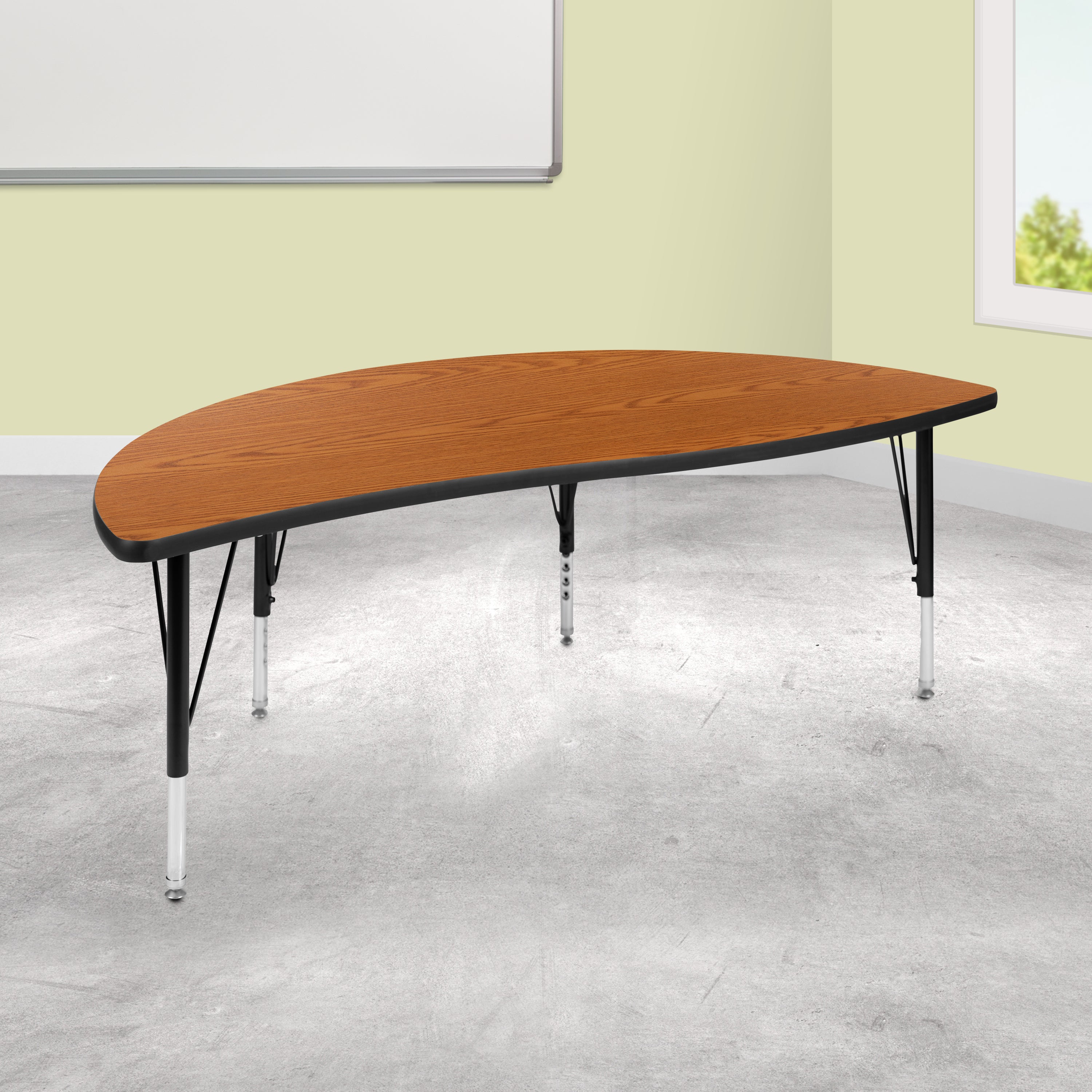 Wren 60" Half Circle Wave Flexible Collaborative Oak Thermal Laminate Activity Table - Height Adjustable Short Legs