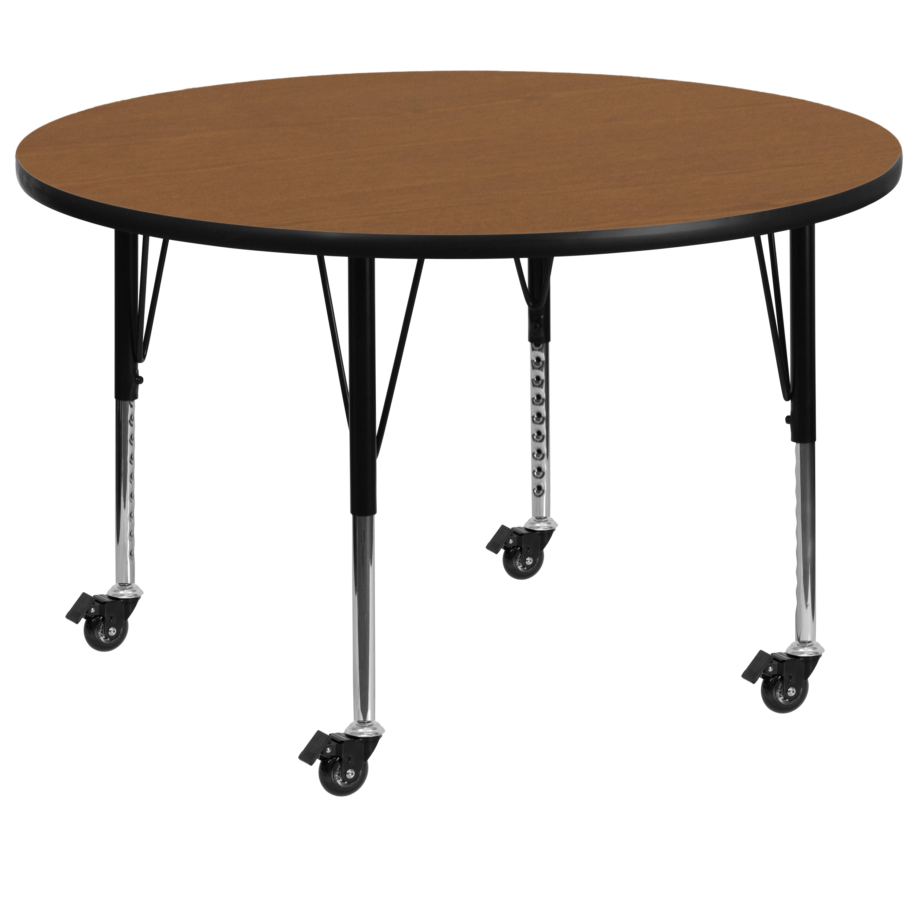 Wren Mobile 60'' Round Oak Thermal Laminate Activity Table - Height Adjustable Short Legs