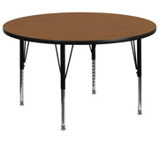Wren 60'' Round Oak Thermal Laminate Activity Table - Height Adjustable Short Legs