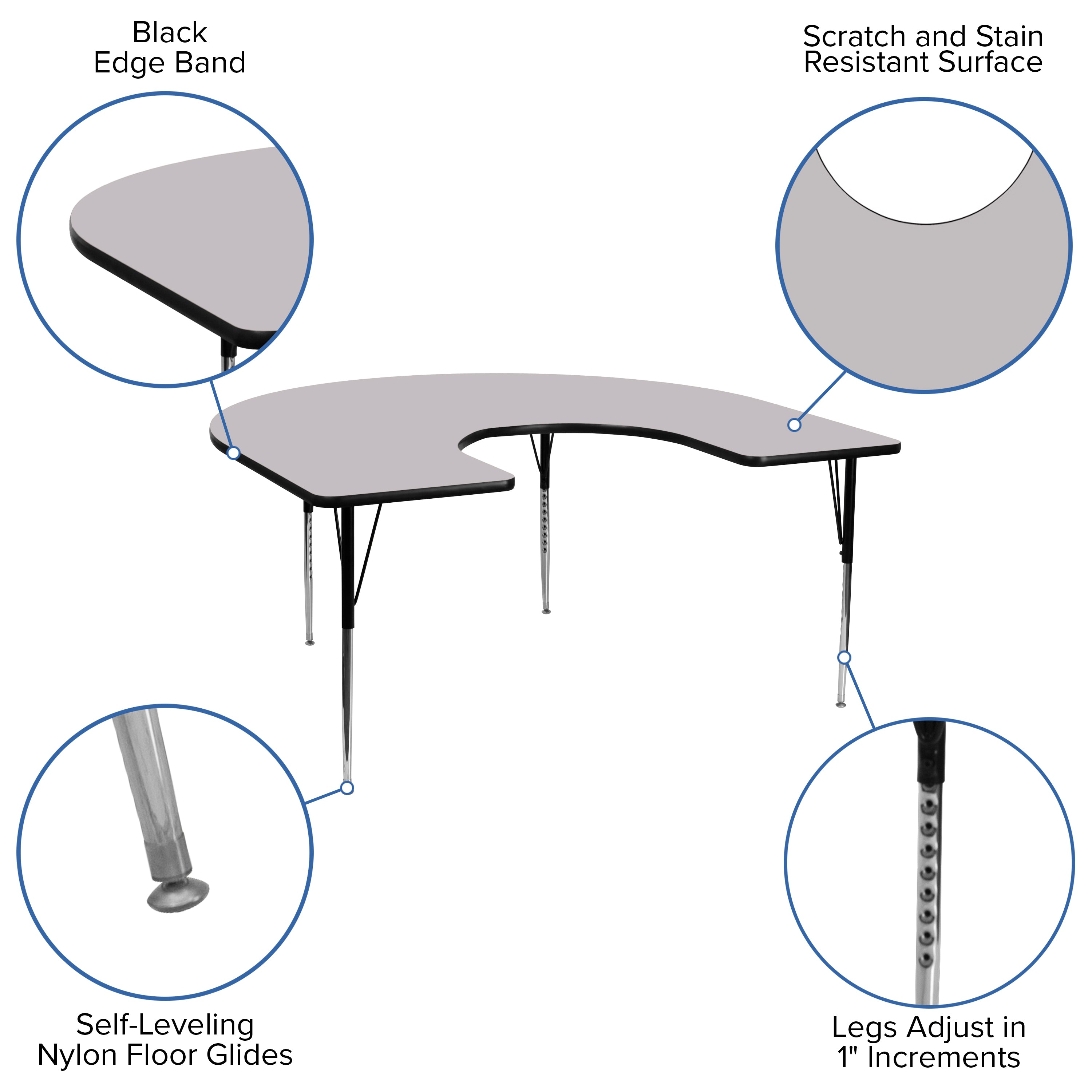 Wren 60''W x 66''L Horseshoe Grey Thermal Laminate Activity Table - Standard Height Adjustable Legs