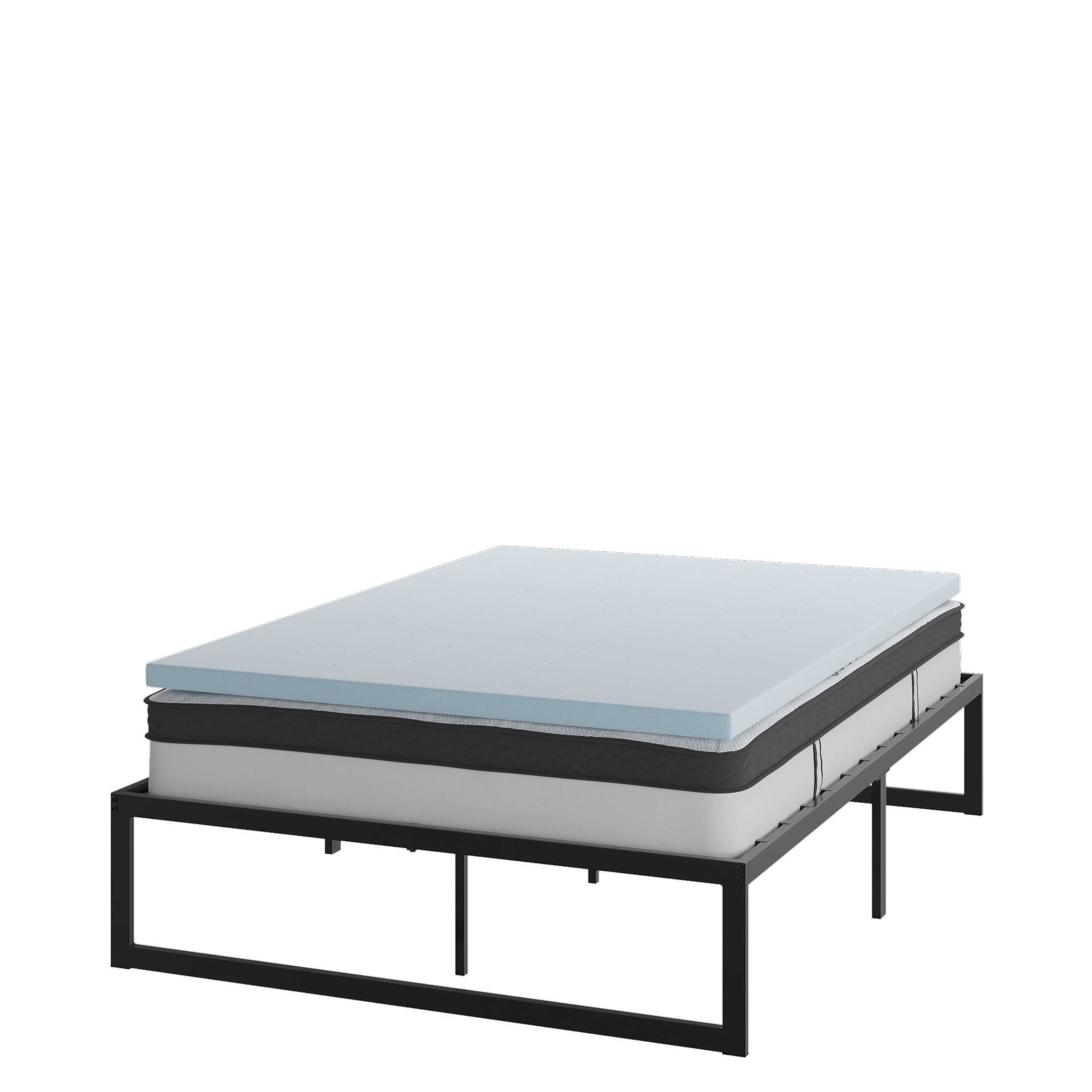 Leo 14 Inch Metal Platform Bed Frame with 10 Inch Pocket Spring Mattress in a Box and 2 Inch Cool Gel Memory Foam Topper - Full