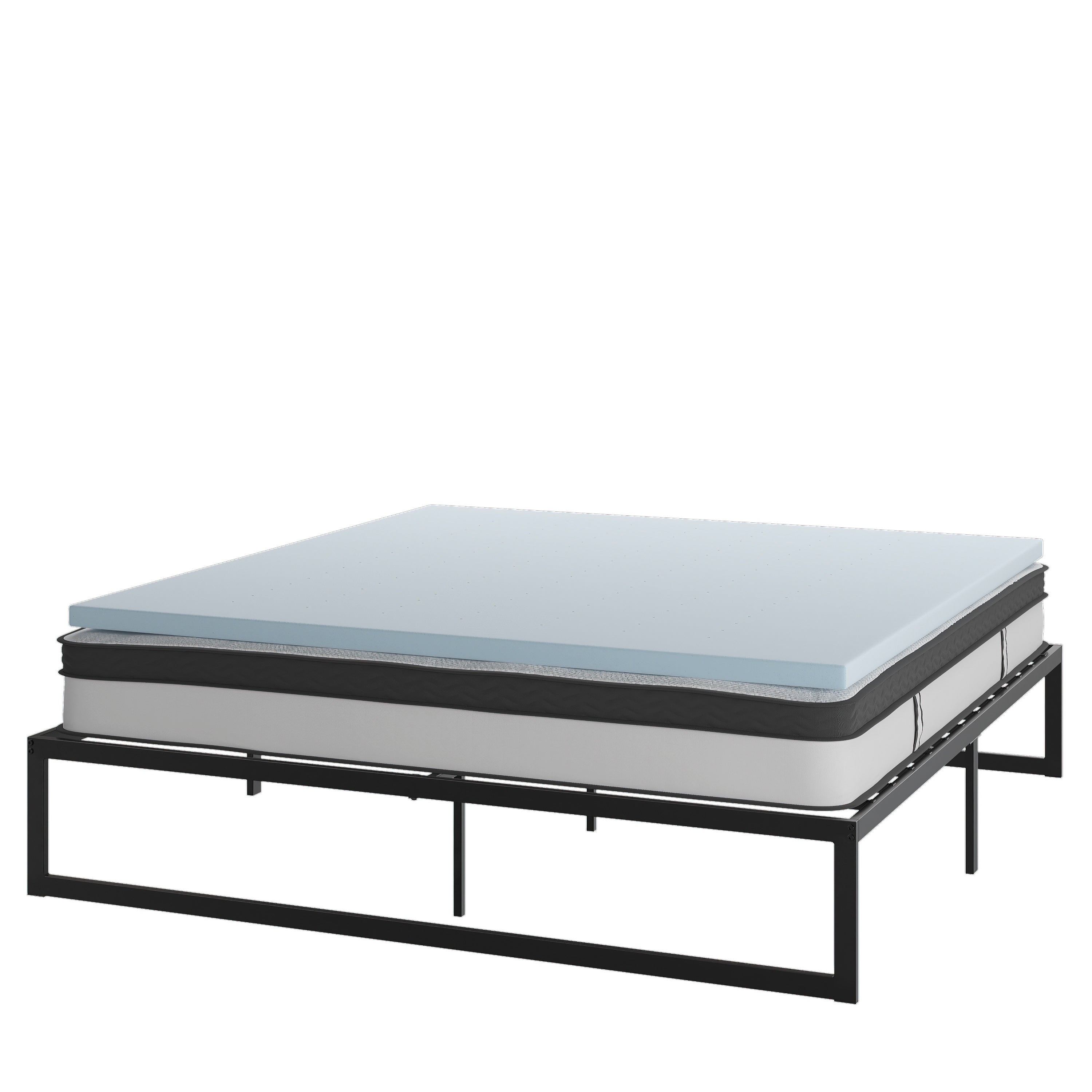 Leo 14 Inch Metal Platform Bed Frame with 10 Inch Pocket Spring Mattress in a Box and 3 inch Cool Gel Memory Foam Topper - King