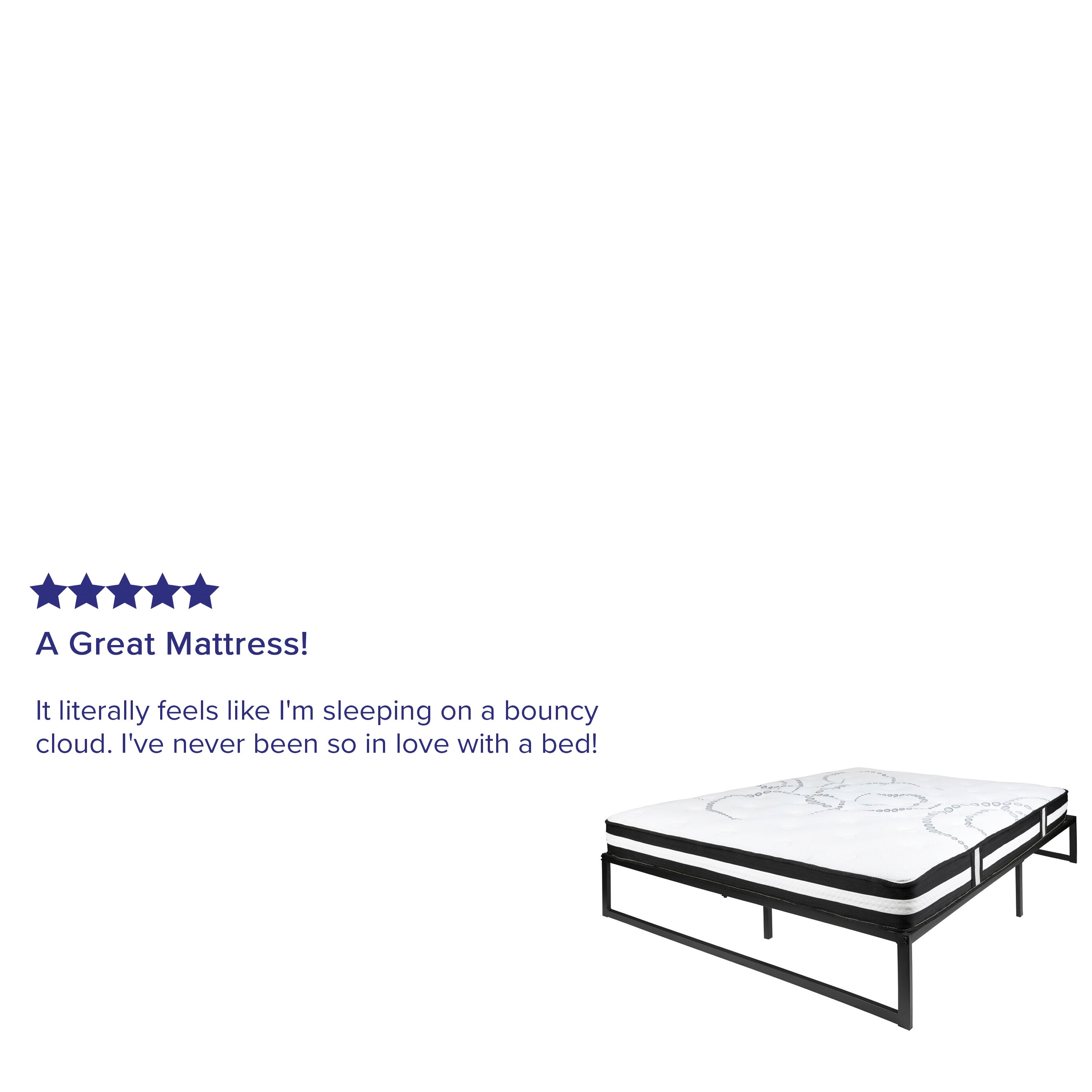 Louis 14 Inch Metal Platform Bed Frame with 12 Inch Pocket Spring Mattress in a Box (No Box Spring Required) - Queen