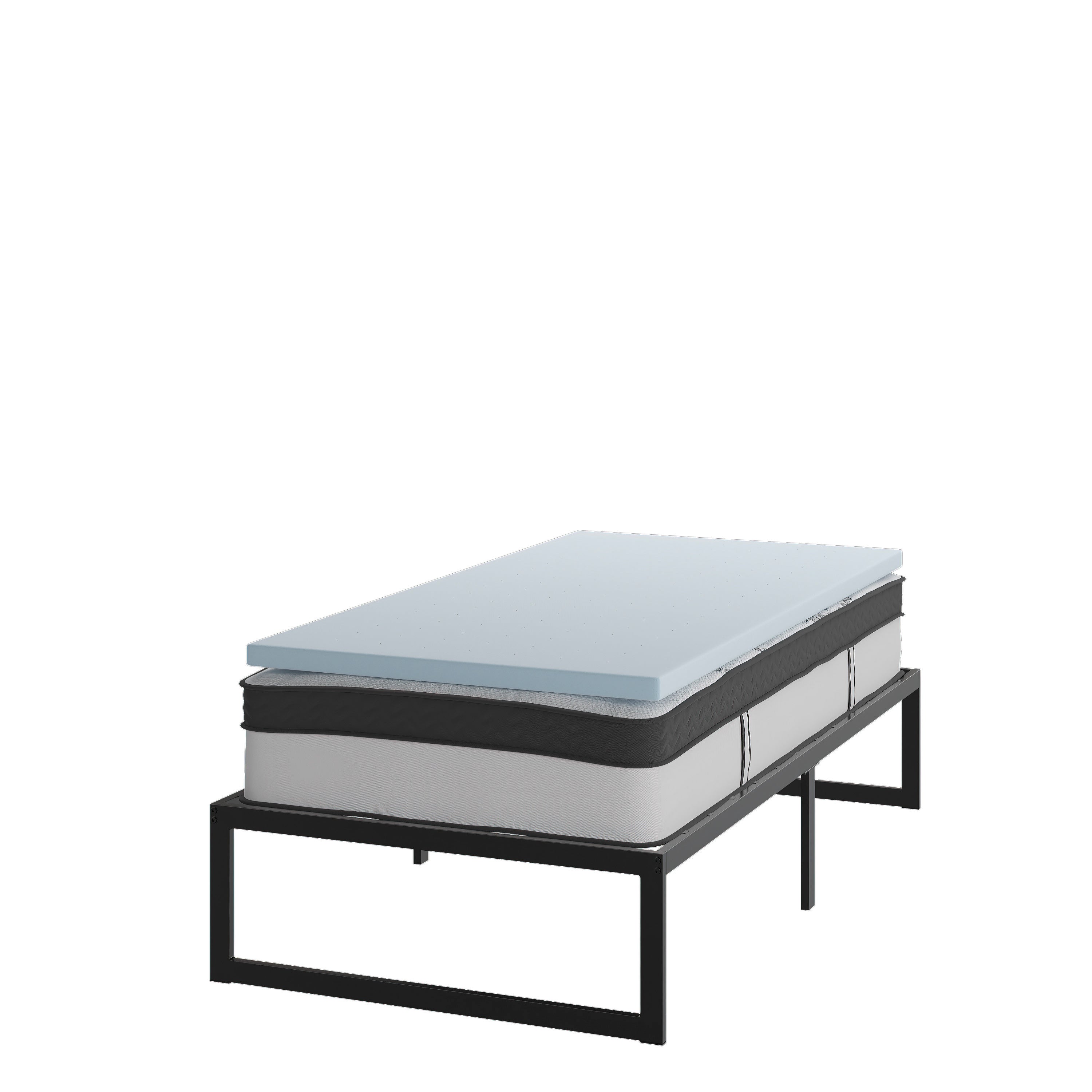 Leo 14 Inch Metal Platform Bed Frame with 12 Inch Pocket Spring Mattress in a Box and 2 Inch Cool Gel Memory Foam Topper - Twin