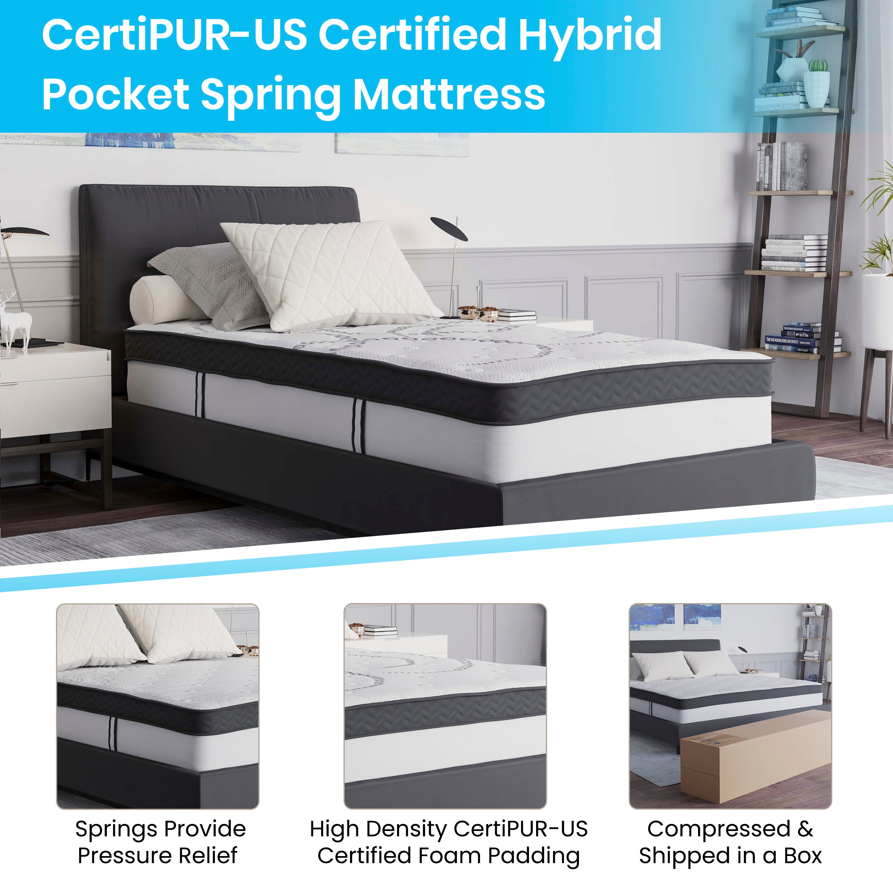 Leo 14 Inch Metal Platform Bed Frame with 12 Inch Pocket Spring Mattress in a Box and 2 Inch Cool Gel Memory Foam Topper - Twin