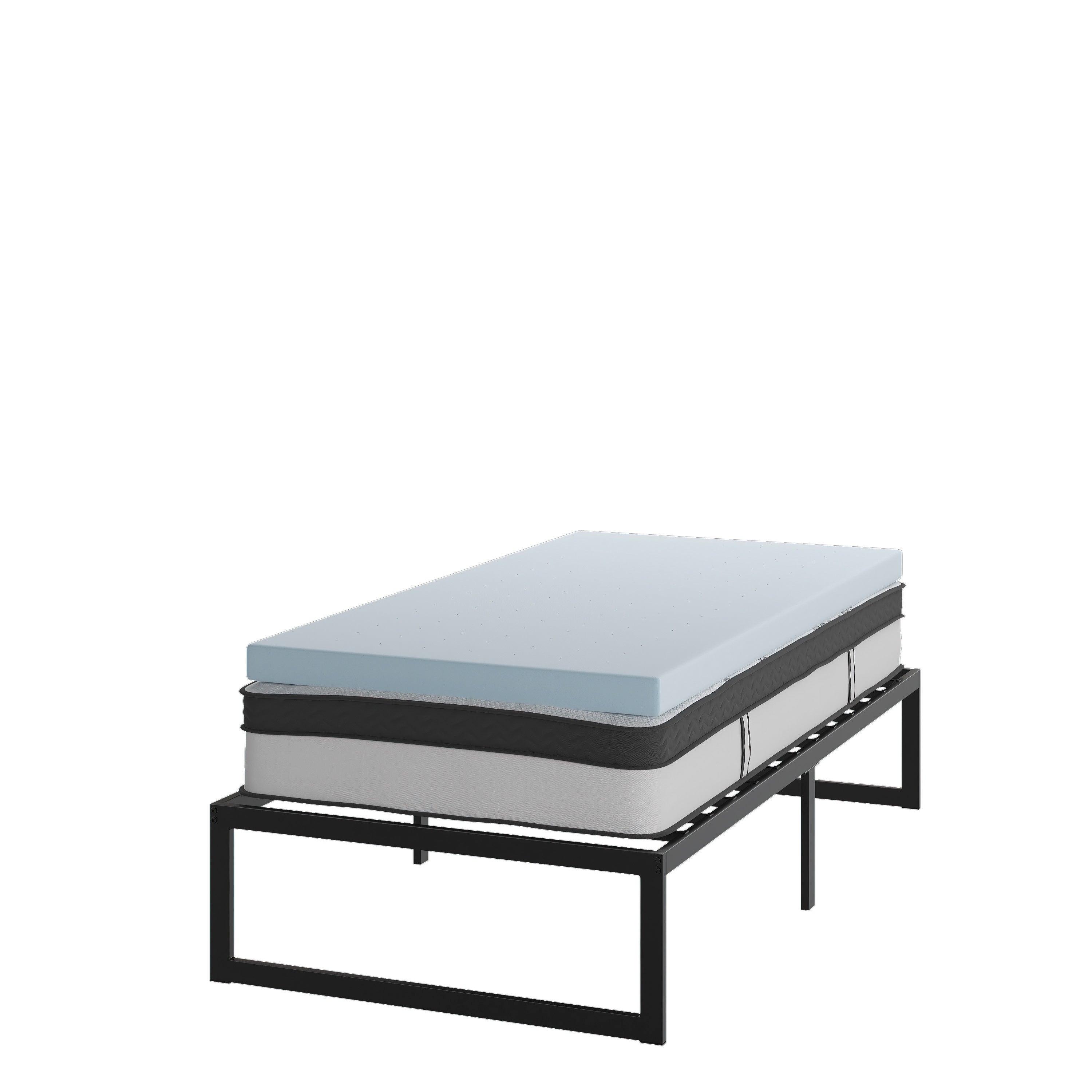 Leo 14 Inch Metal Platform Bed Frame with 12 Inch Pocket Spring Mattress in a Box and 3 inch Cool Gel Memory Foam Topper - Twin