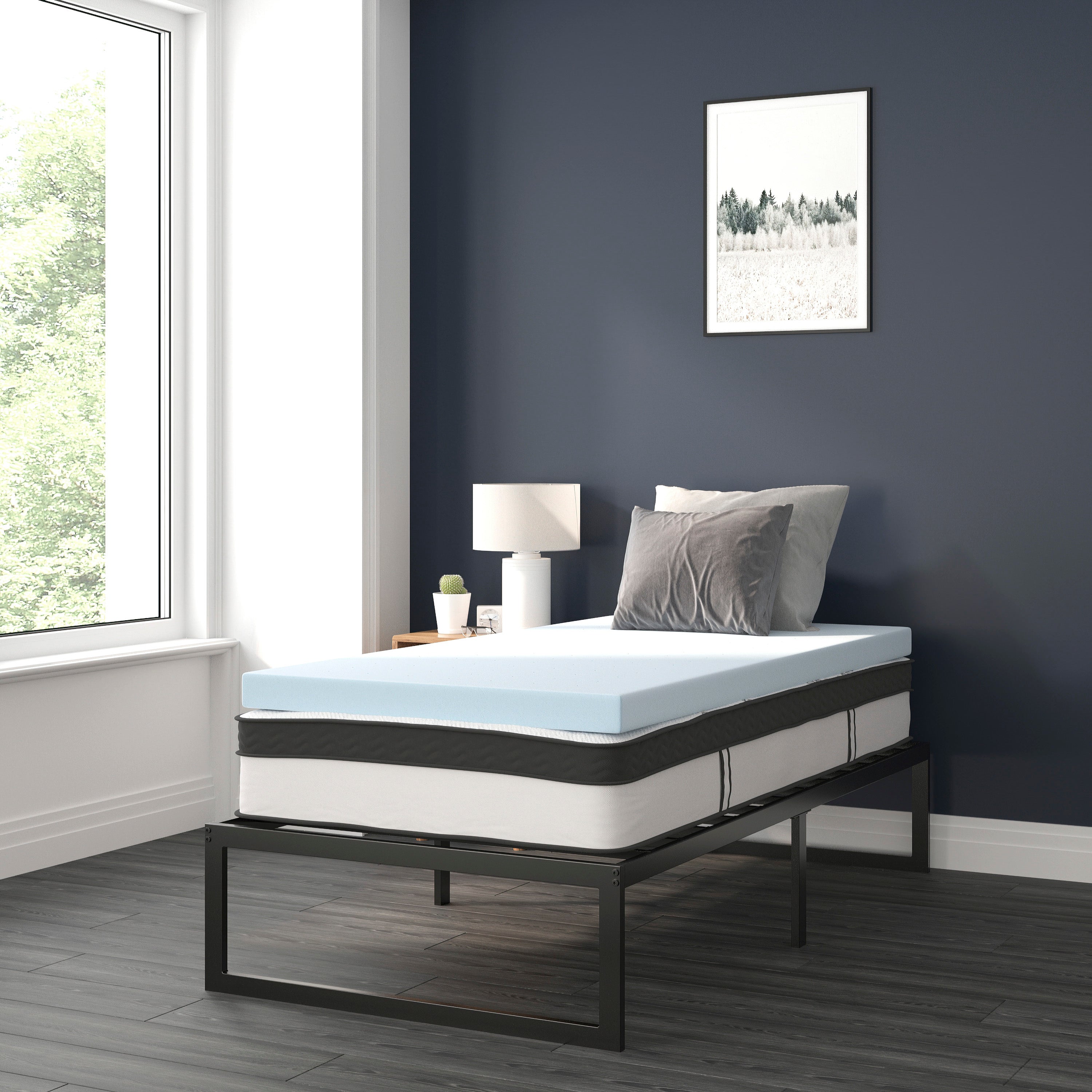 Leo 14 Inch Metal Platform Bed Frame with 12 Inch Pocket Spring Mattress in a Box and 3 inch Cool Gel Memory Foam Topper - Twin