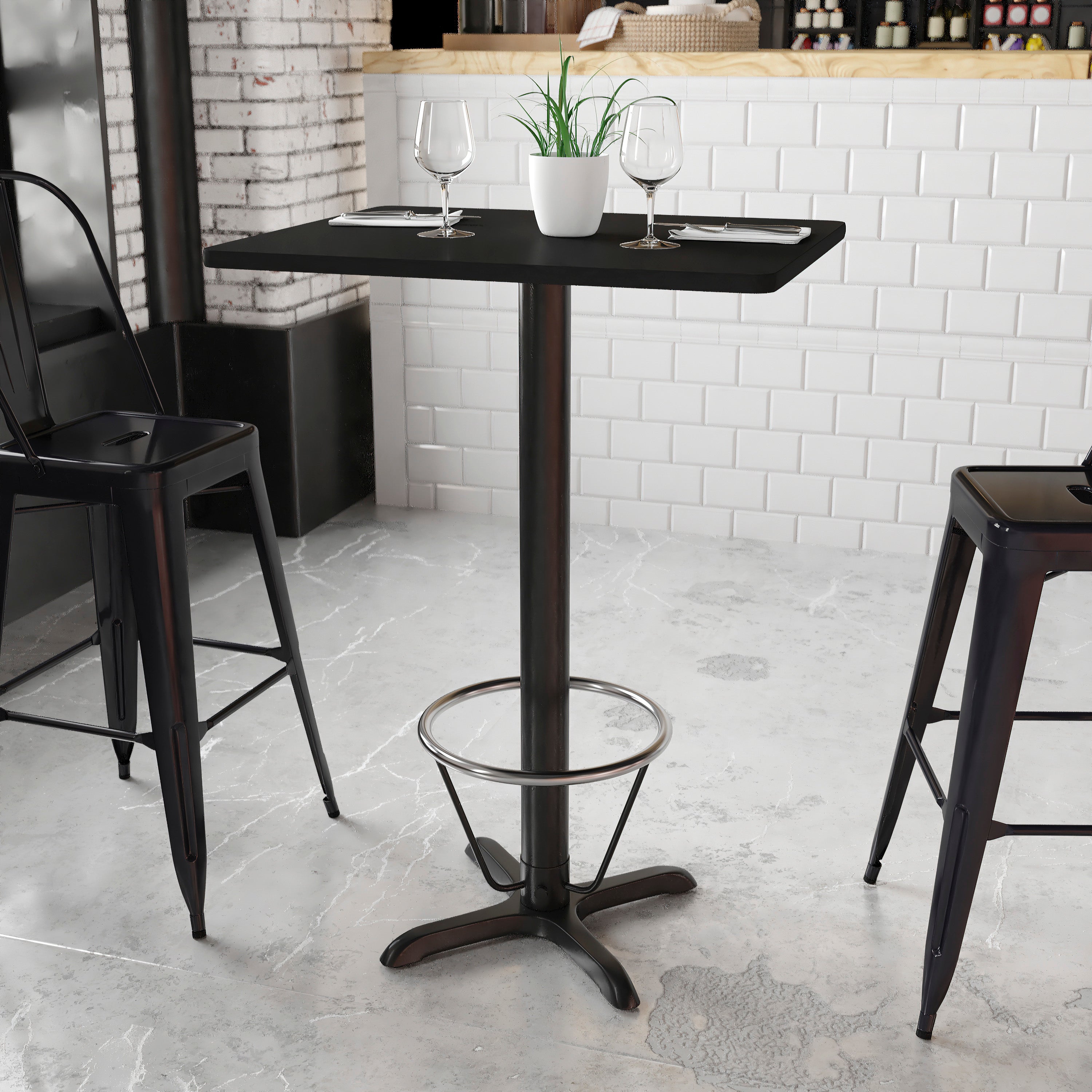 Stiles 24'' x 30'' Rectangular Black Laminate Table Top with 22'' x 22'' Bar Height Table Base and Foot Ring