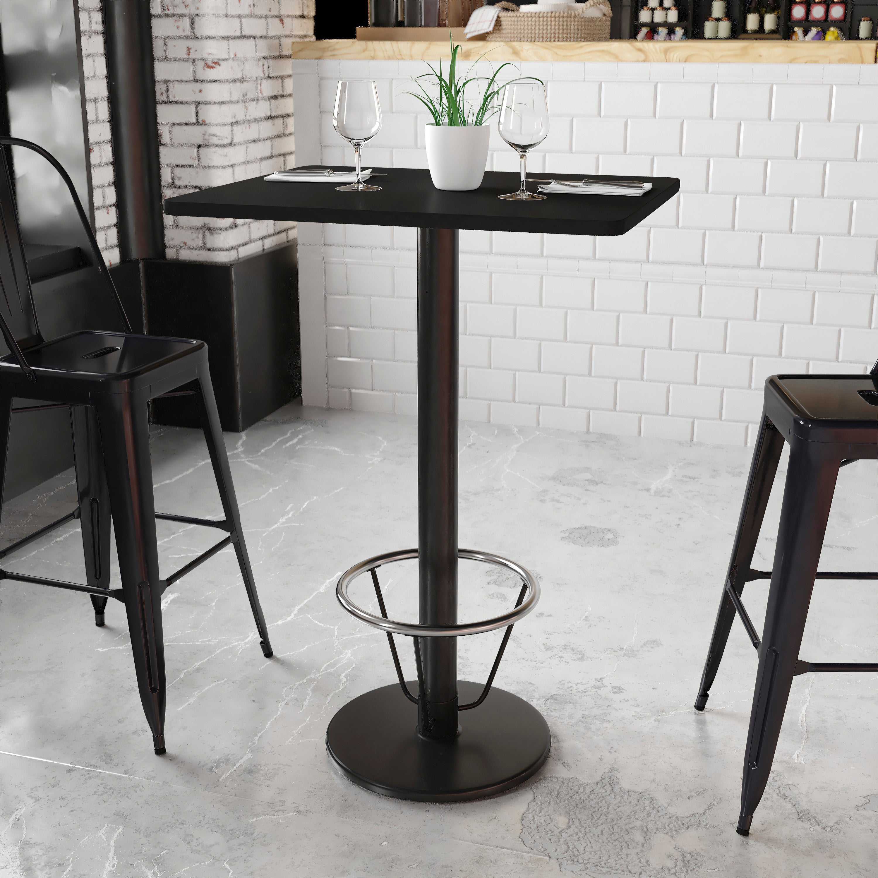Stiles 24'' x 30'' Rectangular Black Laminate Table Top with 18'' Round Bar Height Table Base and Foot Ring