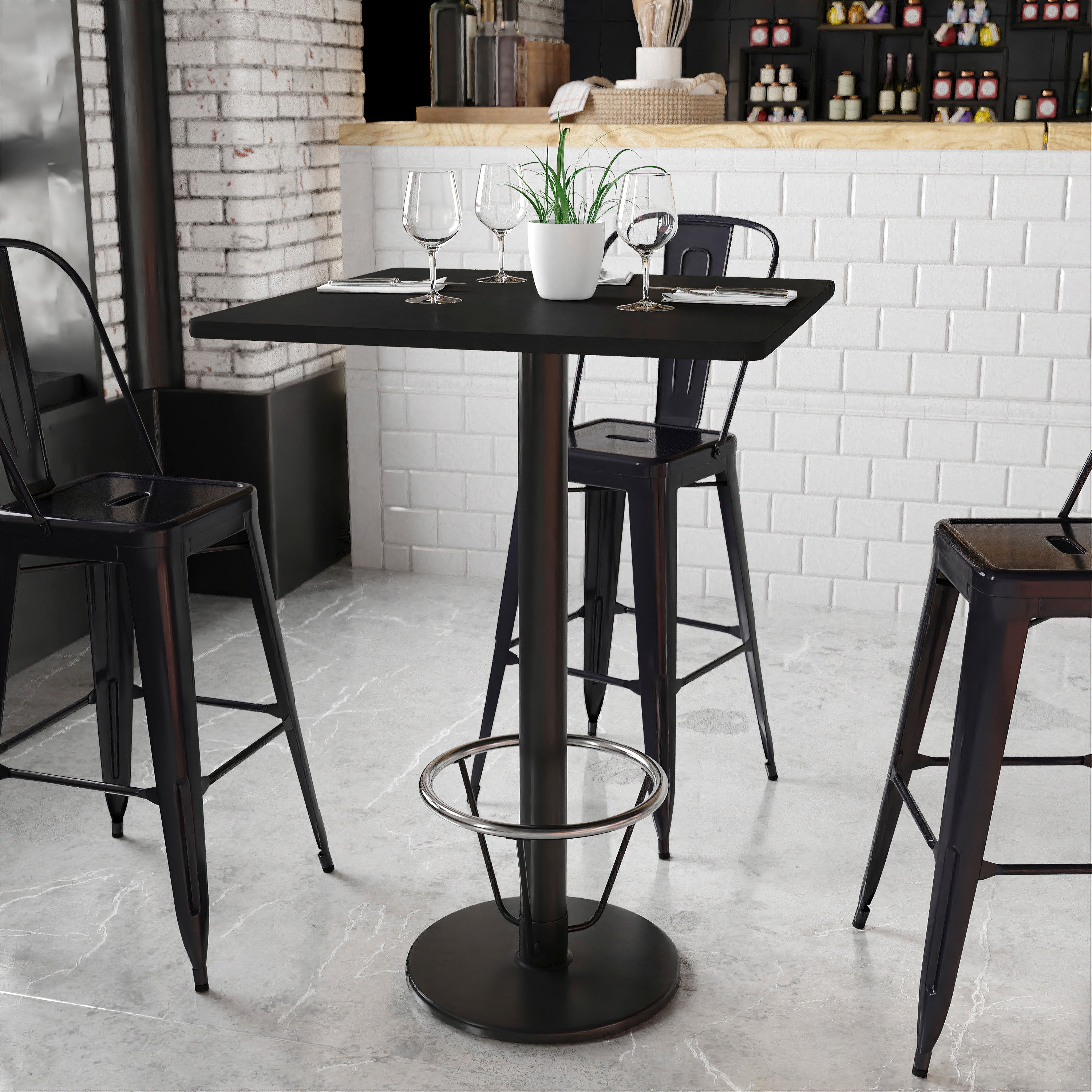 Stiles 30'' Square Black Laminate Table Top with 18'' Round Bar Height Table Base and Foot Ring
