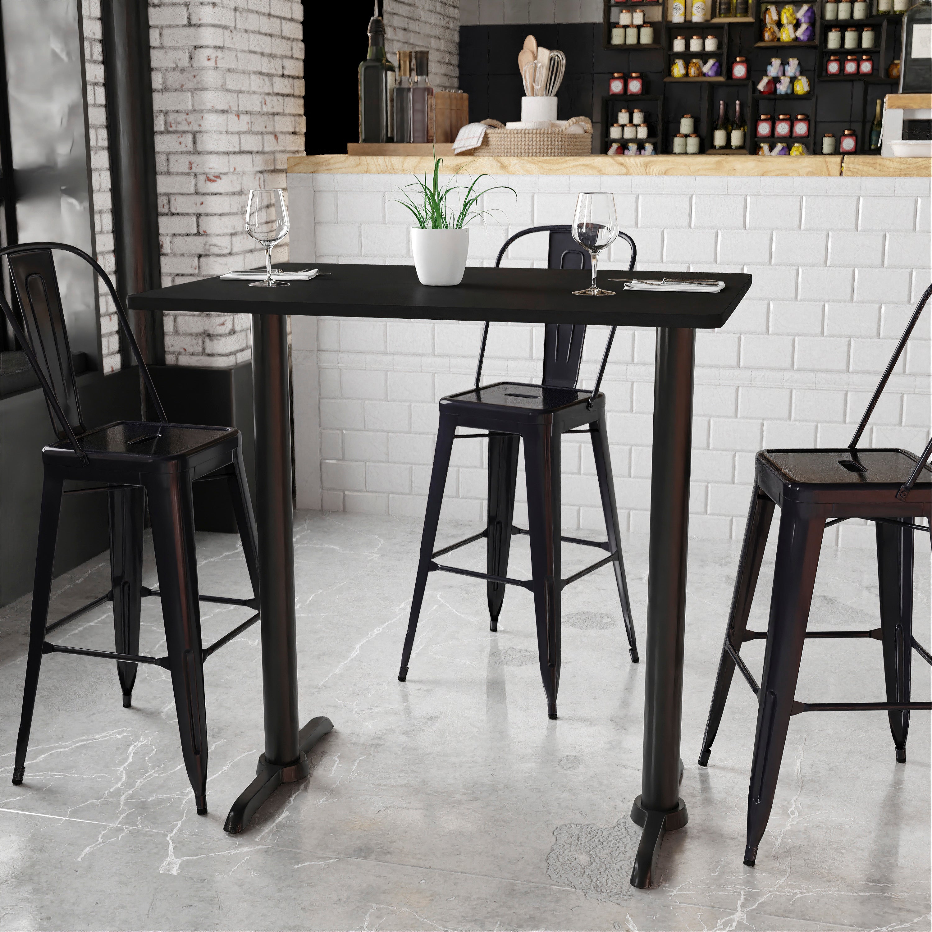 Stiles 30'' x 42'' Rectangular Black Laminate Table Top with 5'' x 22'' Bar Height Table Bases