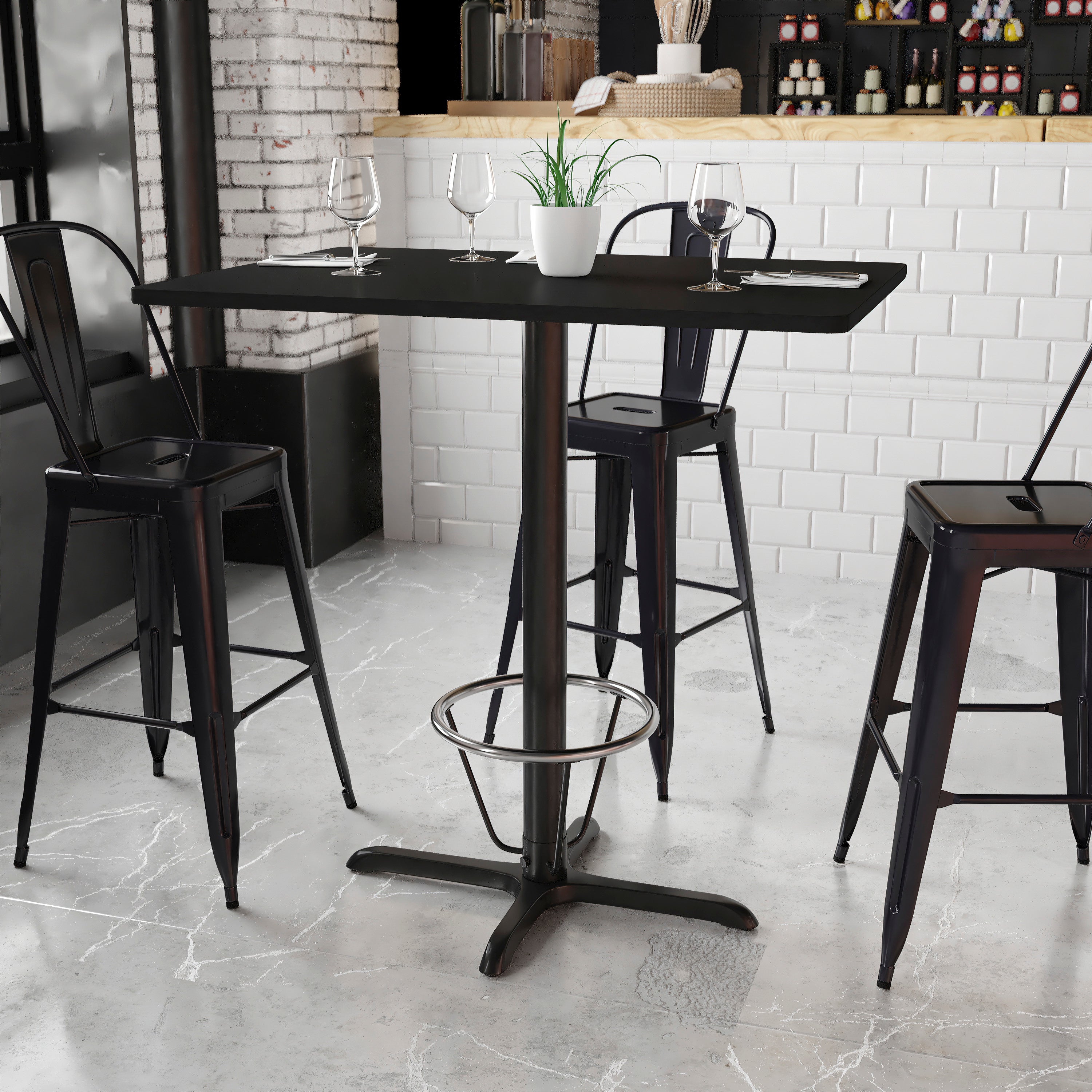 Stiles 30'' x 42'' Rectangular Black Laminate Table Top with 23.5'' x 29.5'' Bar Height Table Base and Foot Ring
