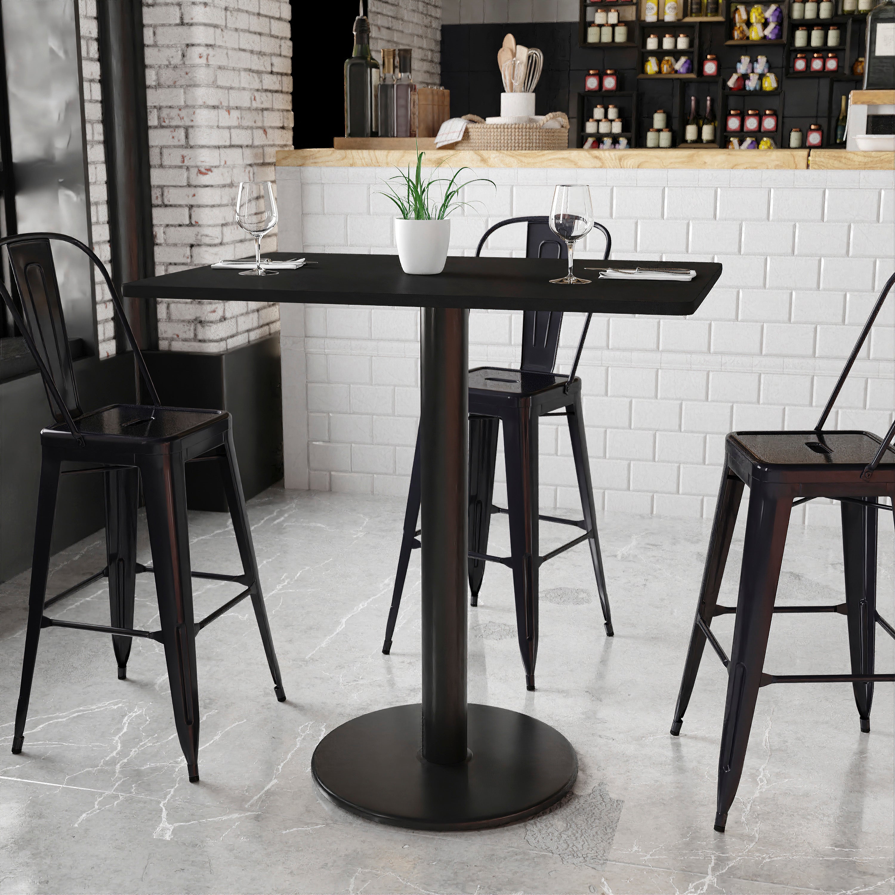 Stiles 30'' x 42'' Rectangular Black Laminate Table Top with 24'' Round Bar Height Table Base