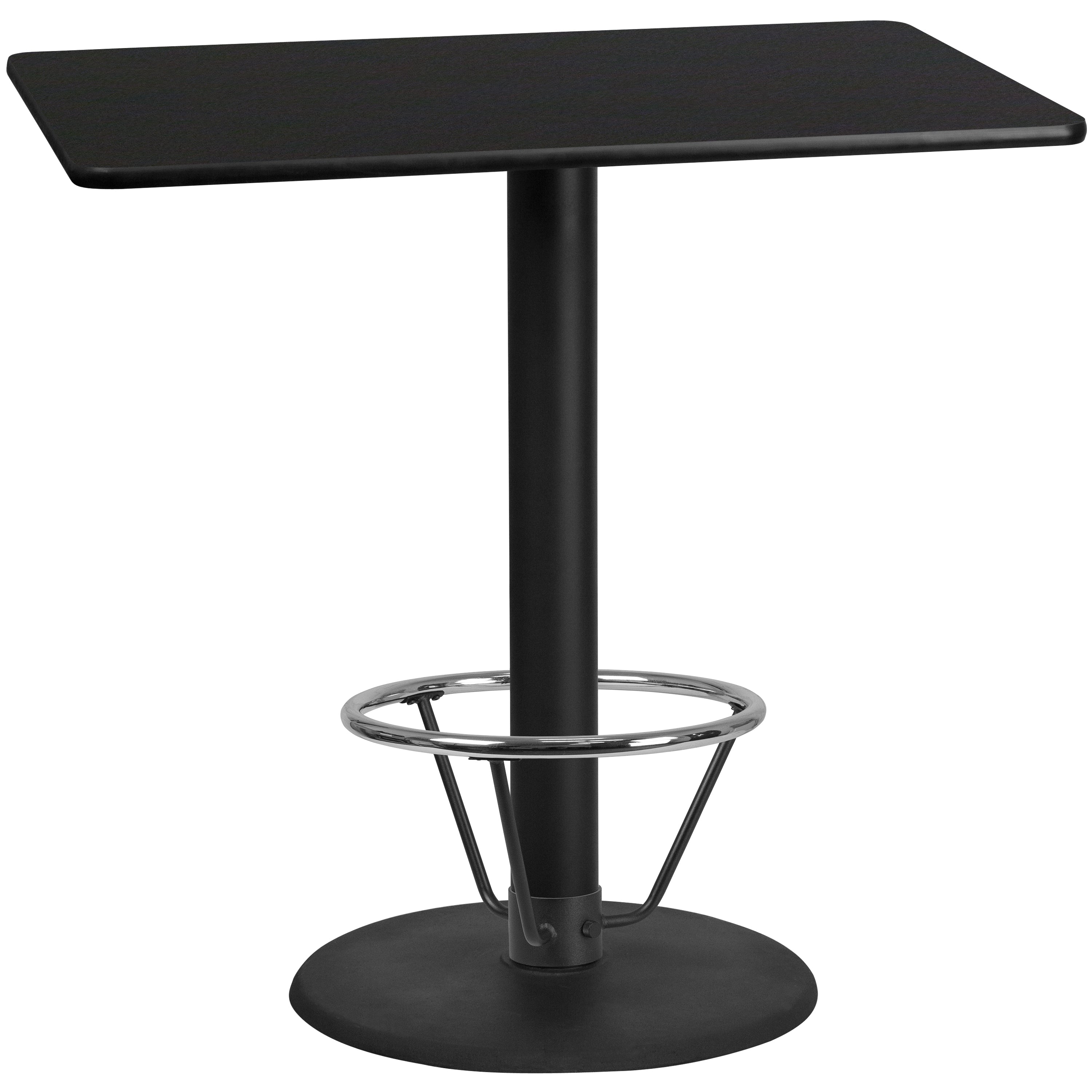 Stiles 30'' x 48'' Rectangular Black Laminate Table Top with 24'' Round Bar Height Table Base and Foot Ring