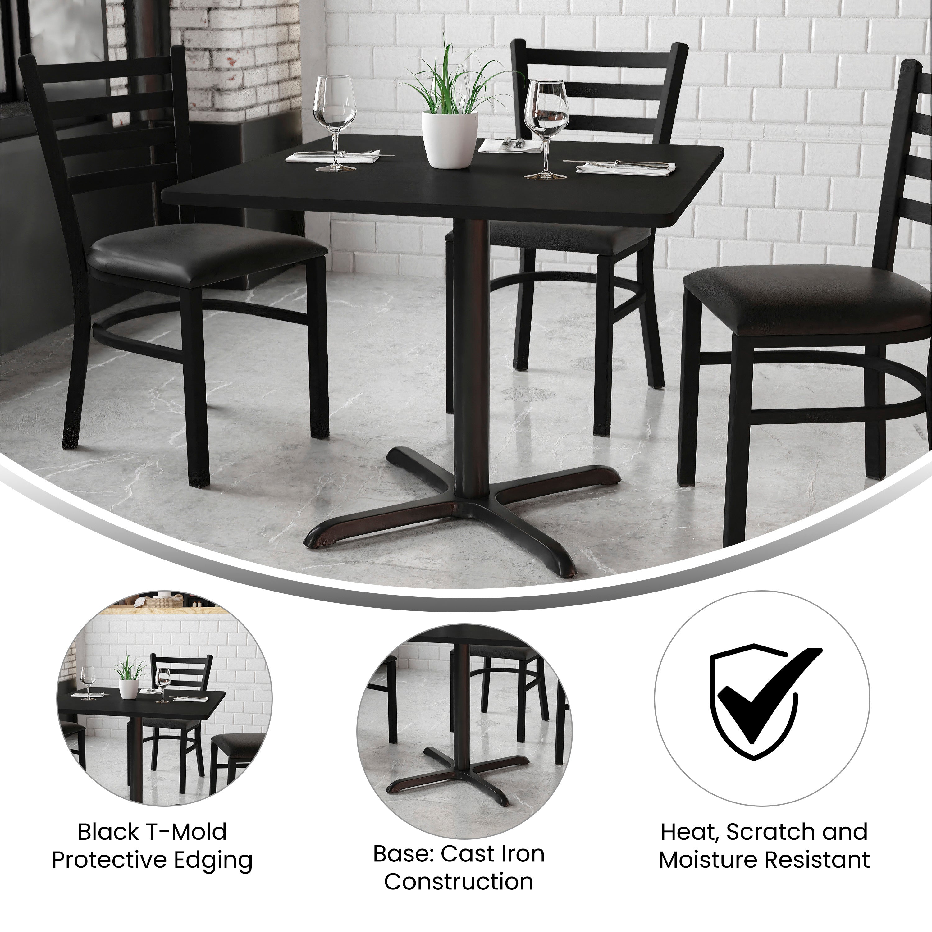 Carlton 36'' Square Black Laminate Table Set with X-Base and 4 Ladder Back Metal Chairs - Black Vinyl Seat
