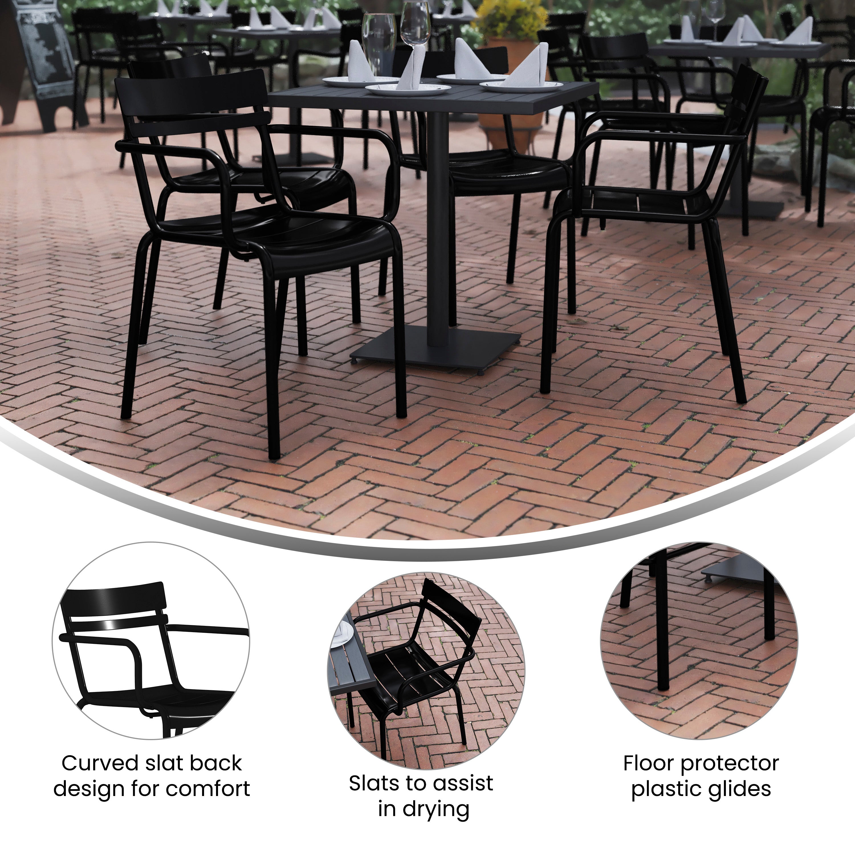 Nash Commercial Grade Black Steel Indoor-Outdoor Stackable Chair with 2 Slats and Arms
