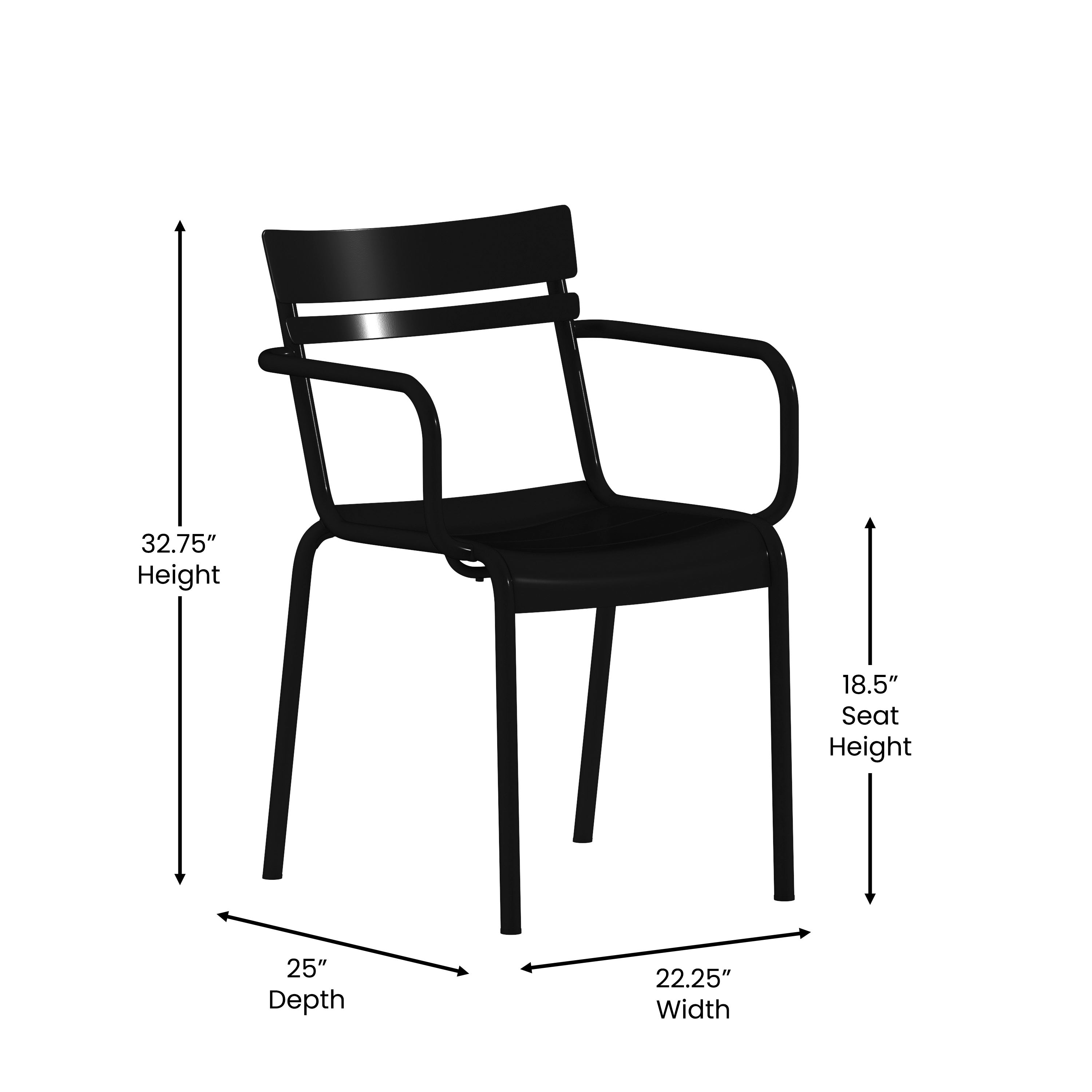 Nash Commercial Grade Black Steel Indoor-Outdoor Stackable Chair with 2 Slats and Arms