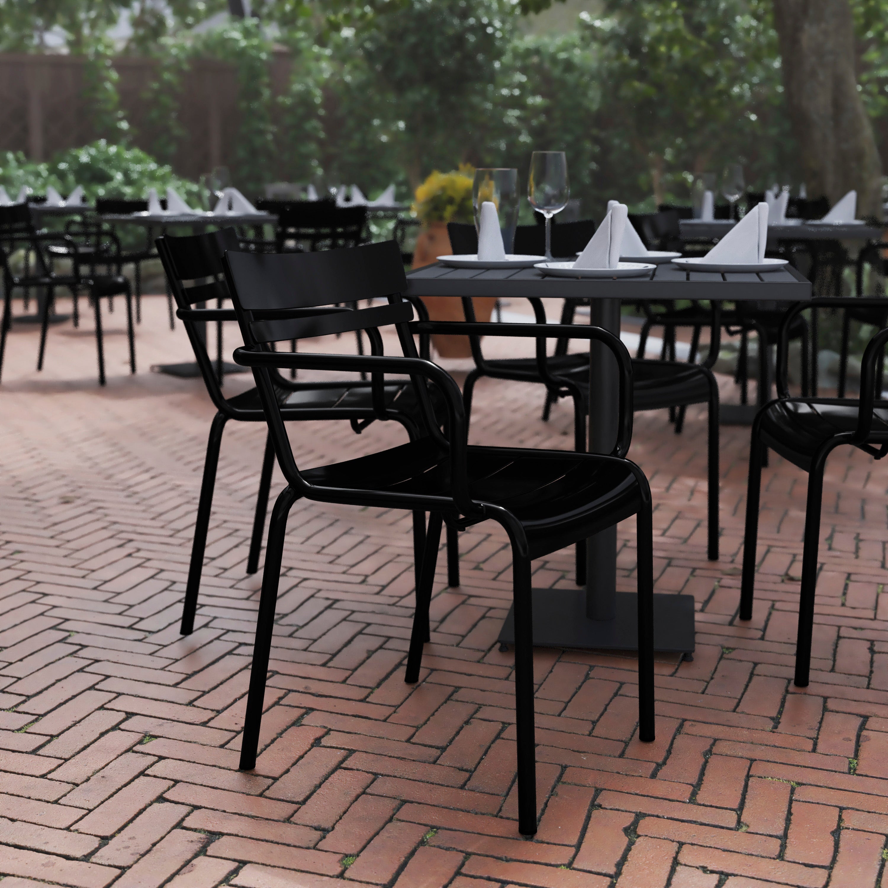 Nash Commercial Grade Black Steel Indoor-Outdoor Stackable Chair with 2 Slats and Arms