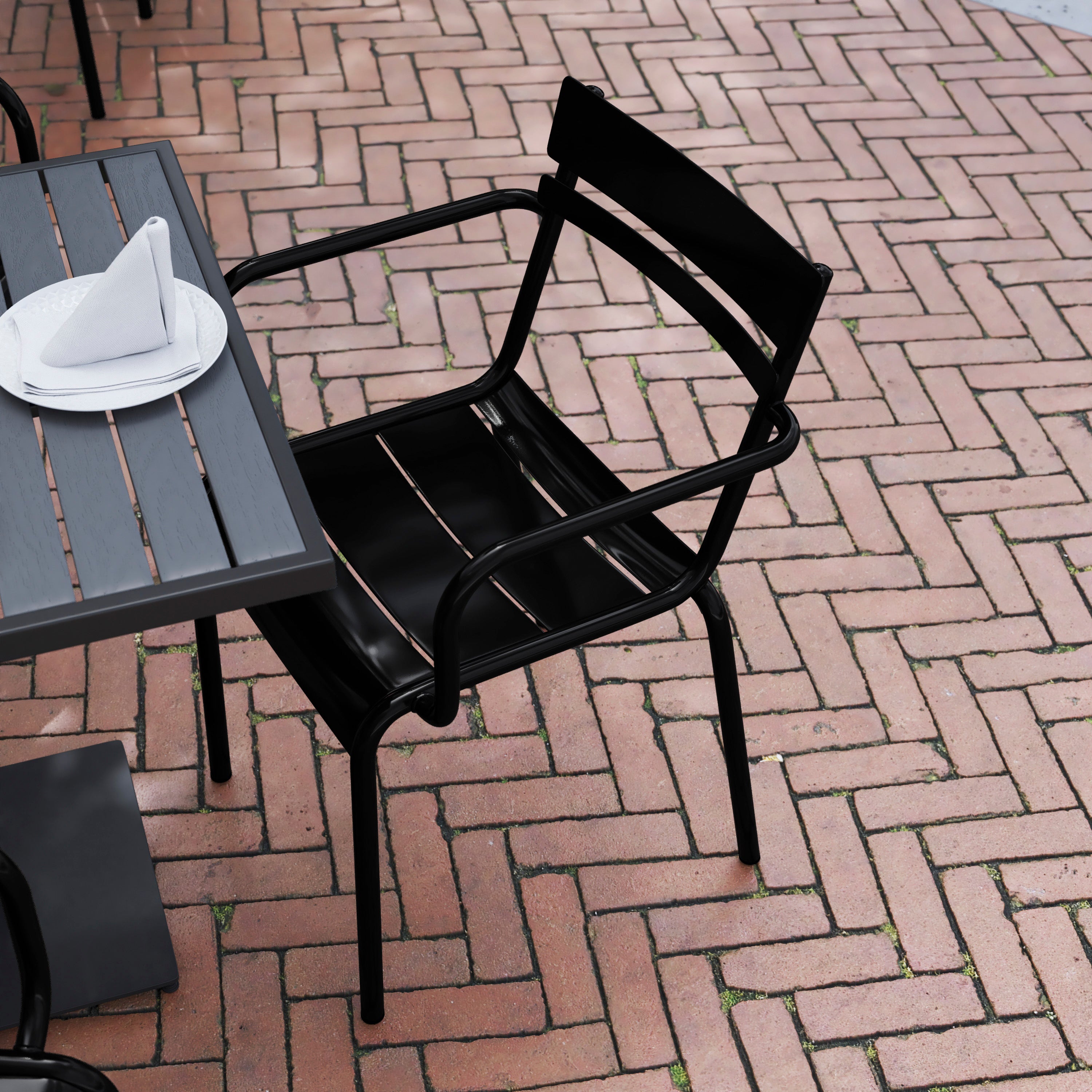 Nash Commercial Grade Black Steel Indoor-Outdoor Stackable Chair with 2 Slats and Arms