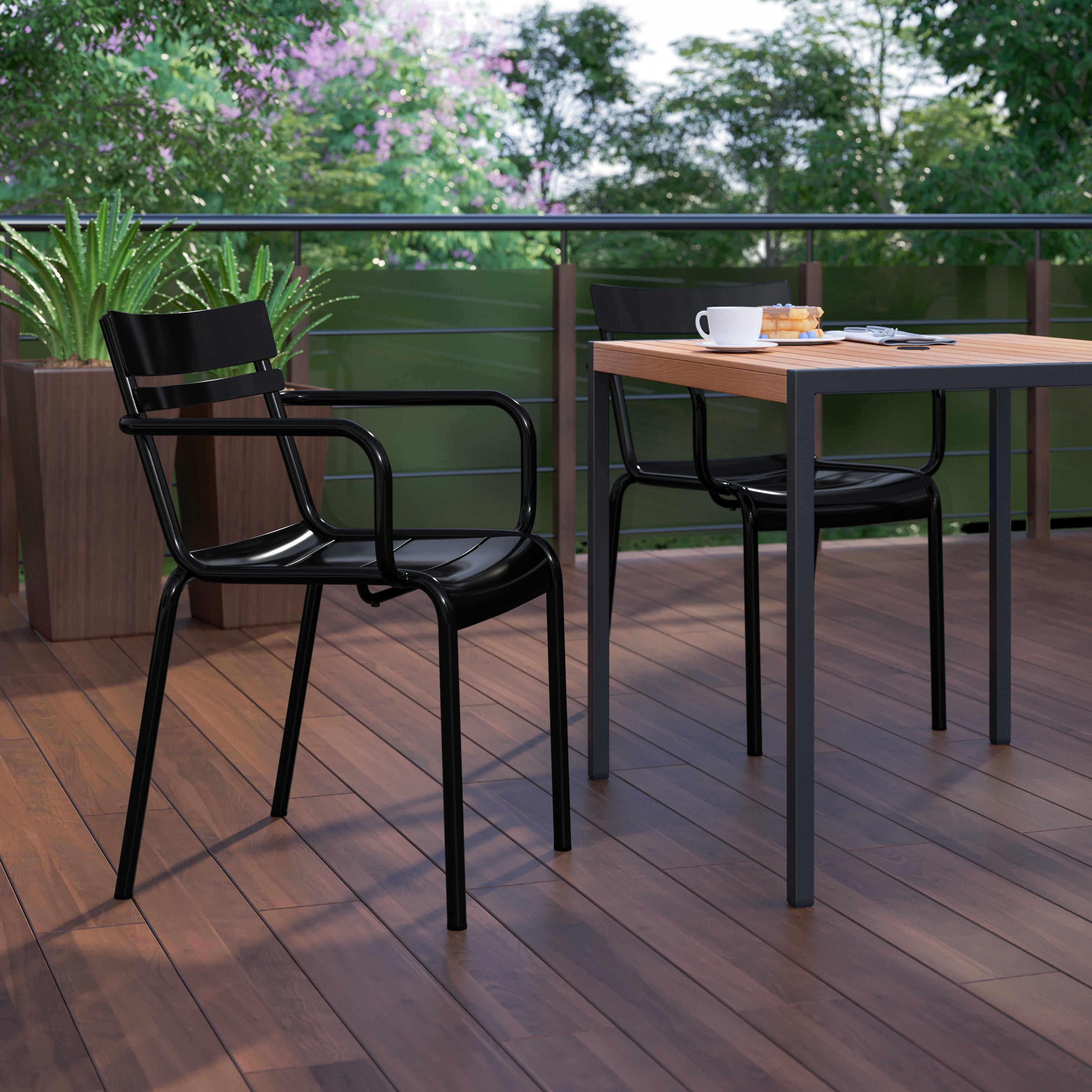Nash Commercial Grade Black Steel Indoor-Outdoor Stackable Chair with 2 Slats and Arms
