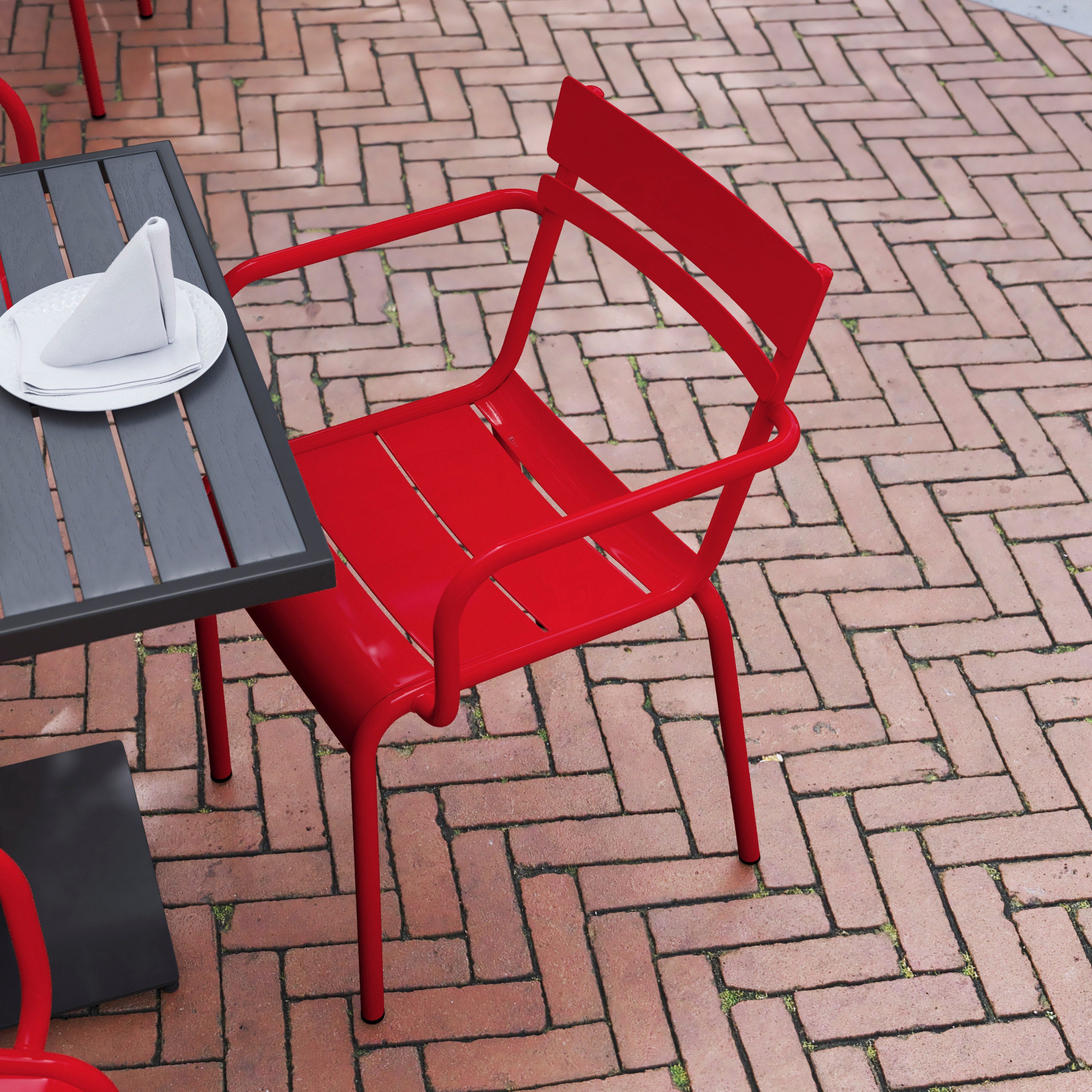 Nash Commercial Grade Red Steel Indoor-Outdoor Stackable Chair with 2 Slats and Arms