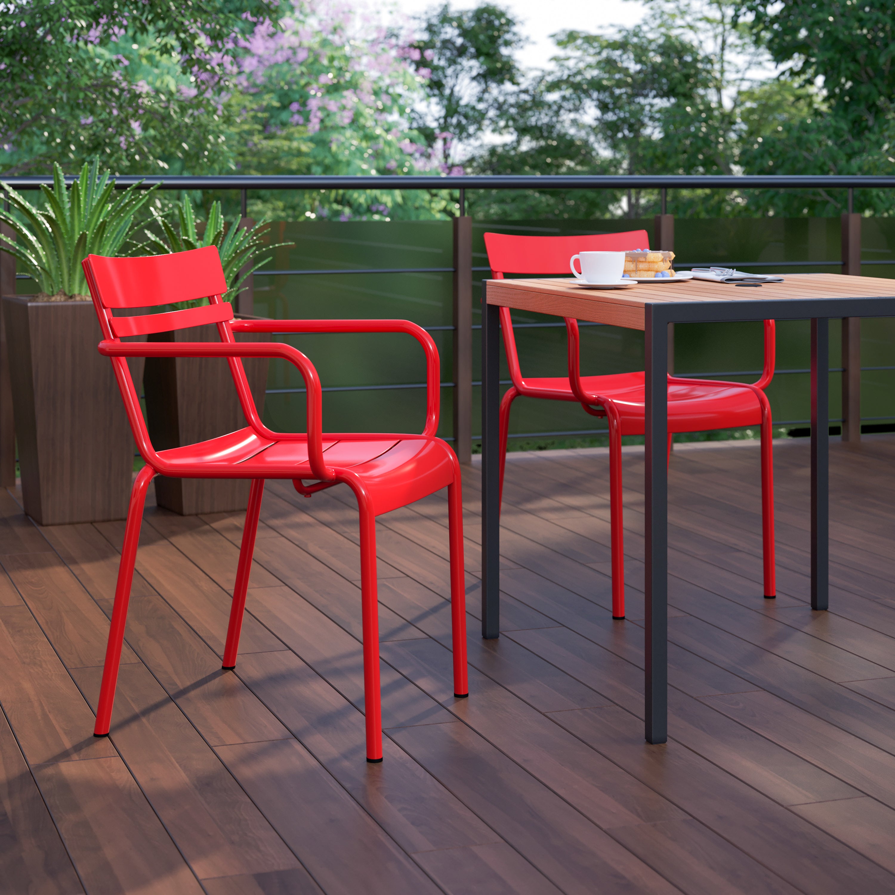 Nash Commercial Grade Red Steel Indoor-Outdoor Stackable Chair with 2 Slats and Arms