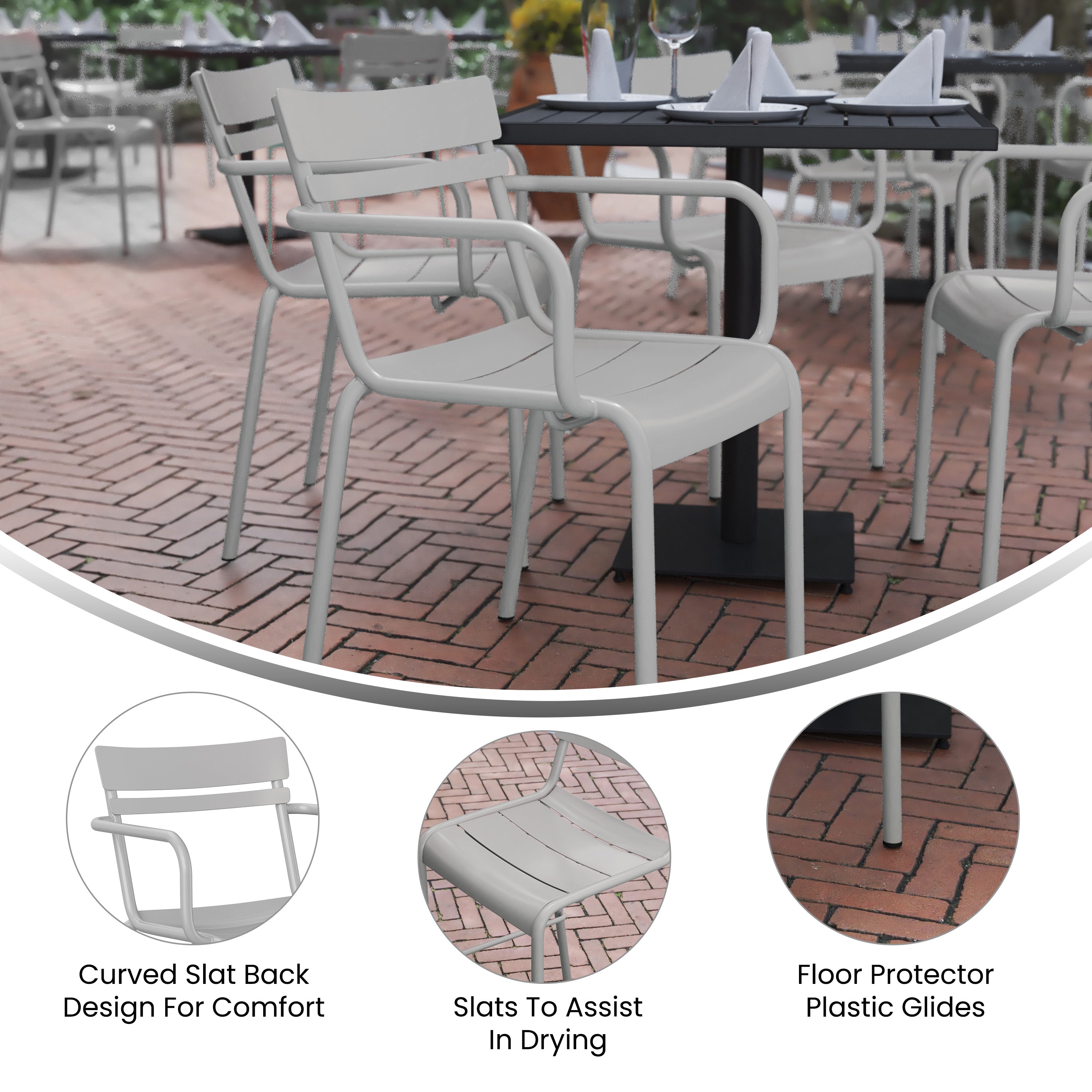 Nash Commercial Grade Silver Steel Indoor-Outdoor Stackable Chair with 2 Slats and Arms