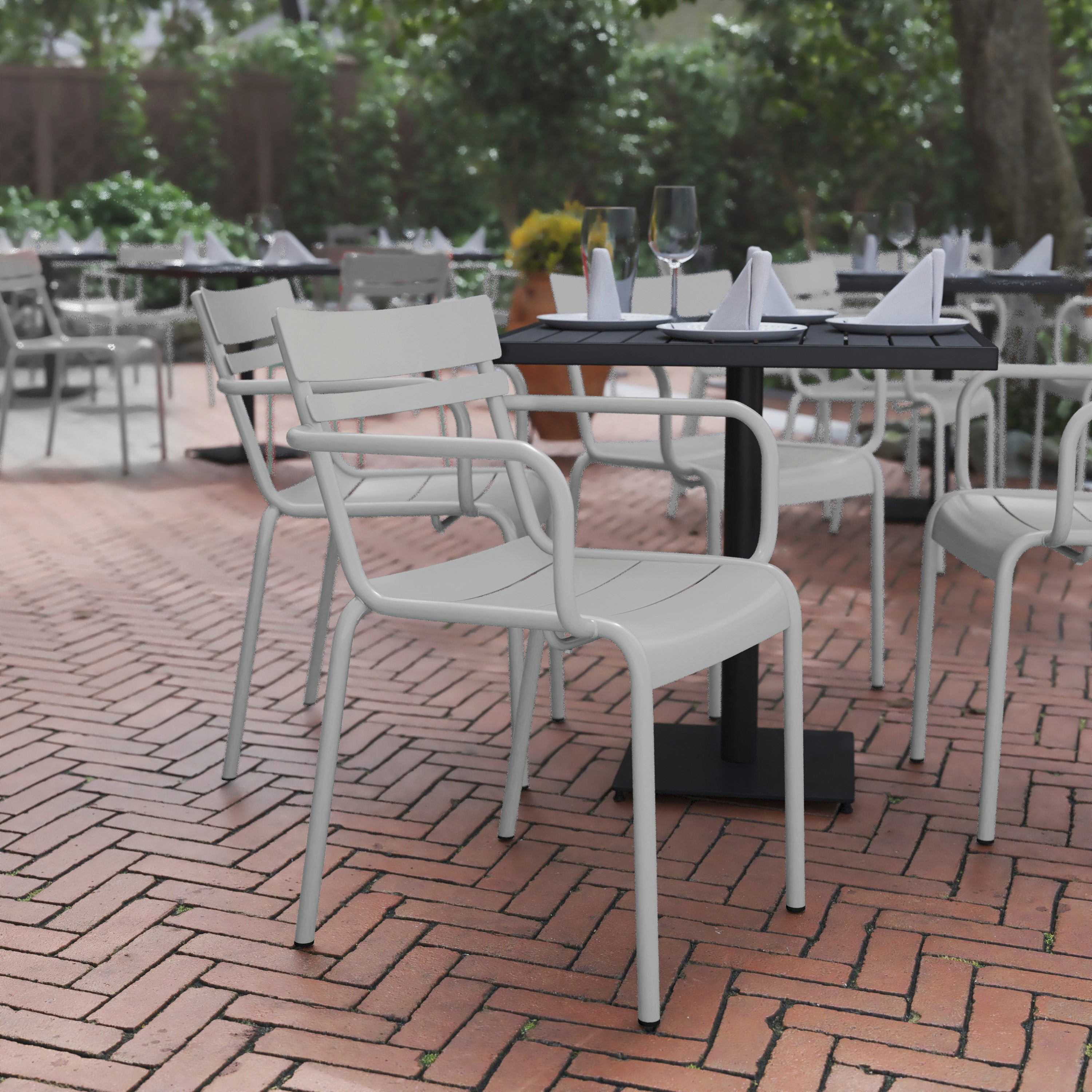 Nash Commercial Grade Silver Steel Indoor-Outdoor Stackable Chair with 2 Slats and Arms