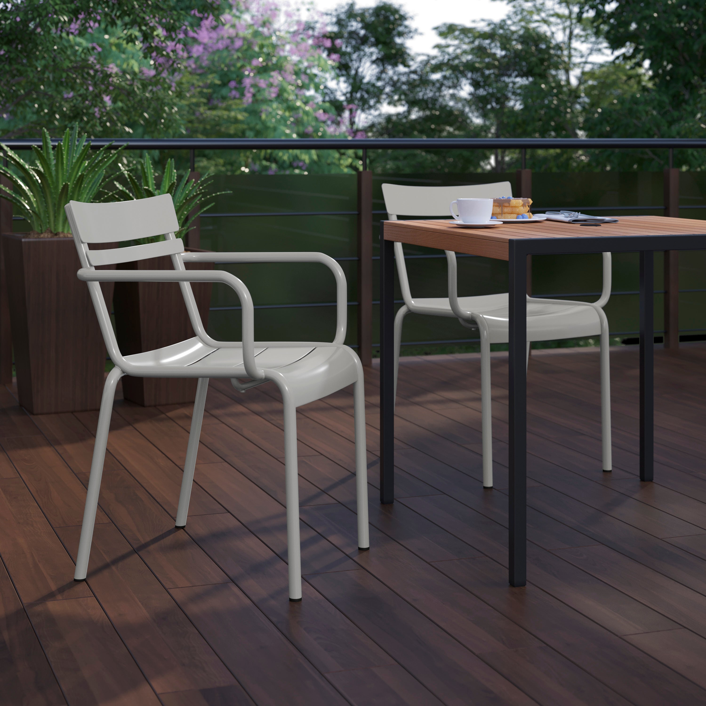 Nash Commercial Grade Silver Steel Indoor-Outdoor Stackable Chair with 2 Slats and Arms