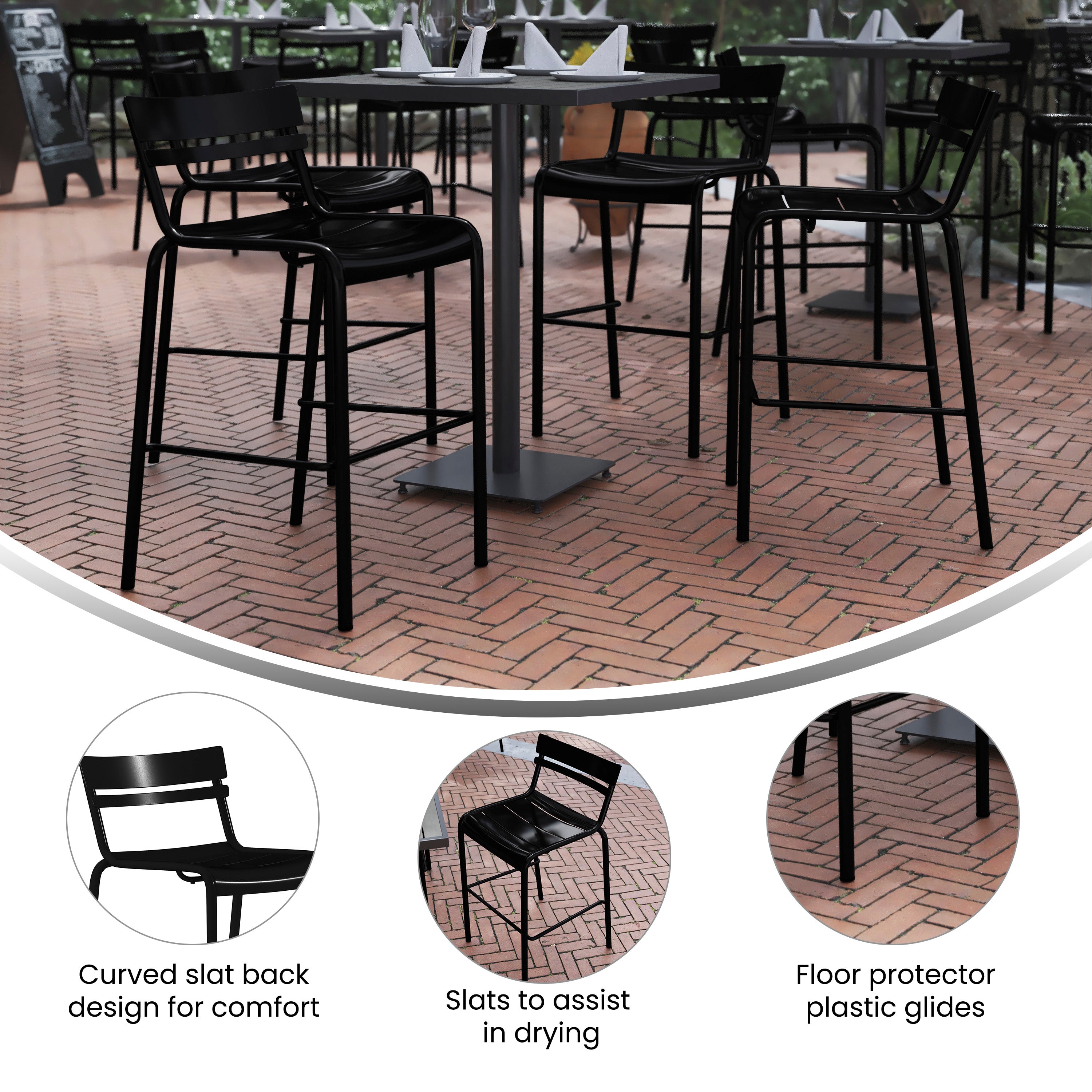 Nash Commercial Grade Black Metal Indoor-Outdoor Bar Height Stool with 2 Slats