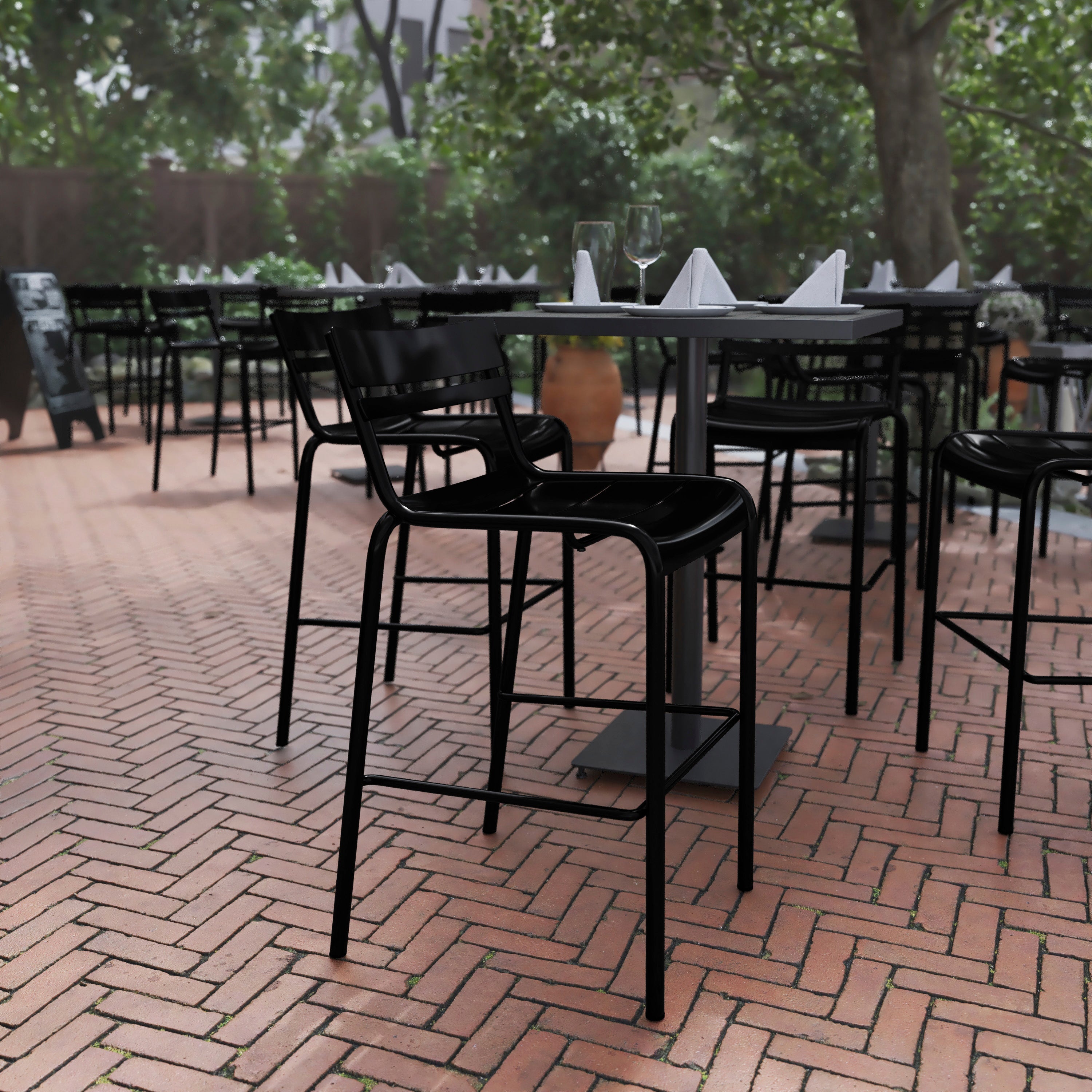 Nash Commercial Grade Black Metal Indoor-Outdoor Bar Height Stool with 2 Slats