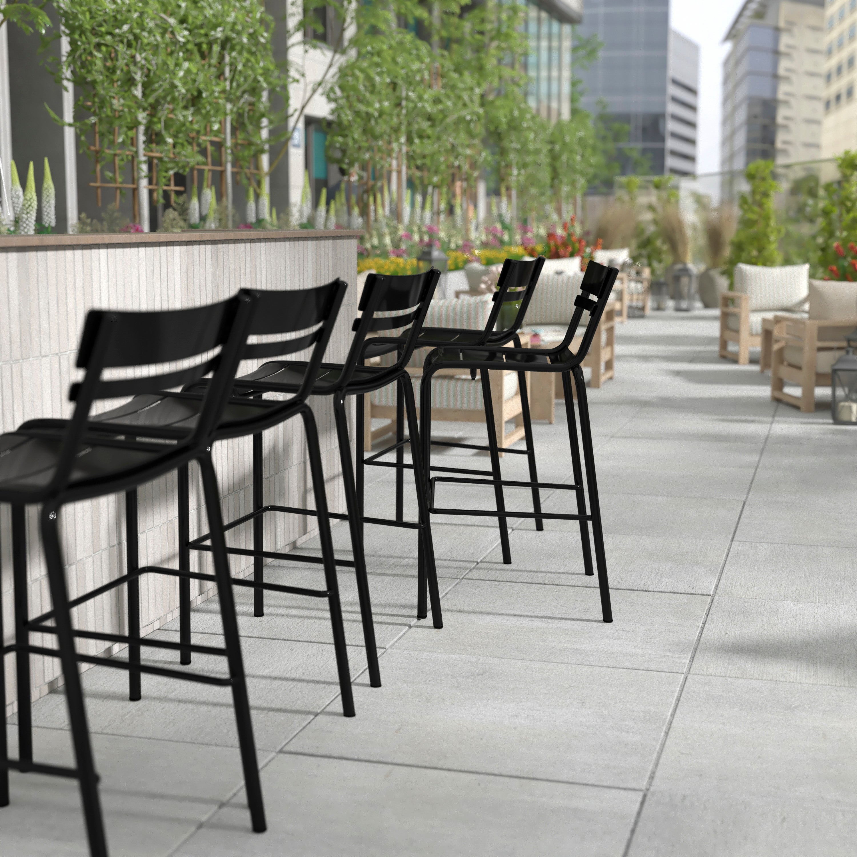 Nash Commercial Grade Black Metal Indoor-Outdoor Bar Height Stool with 2 Slats