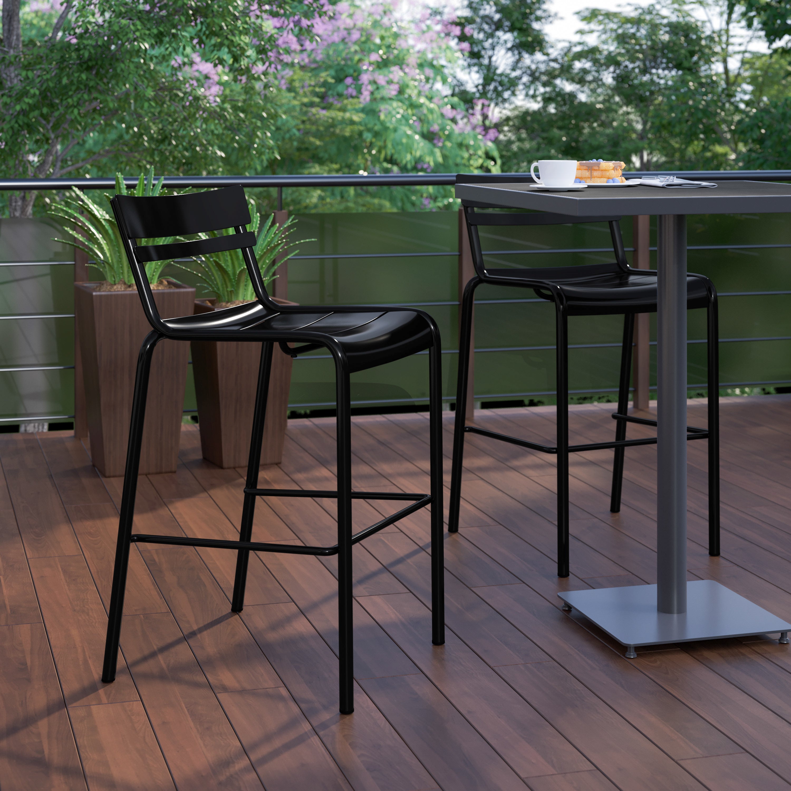 Nash Commercial Grade Black Metal Indoor-Outdoor Bar Height Stool with 2 Slats